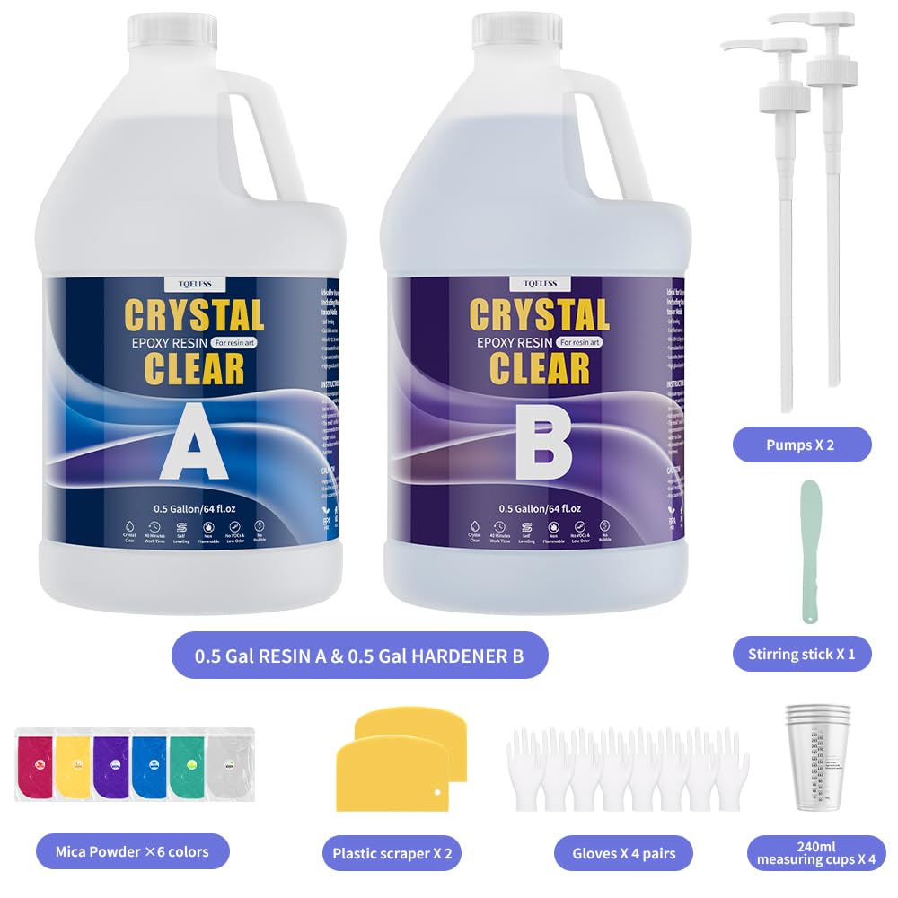 TQELFSS Epoxy Resin 1 Gallon, Crystal Clear Epoxy Resin Kit (0.5gal ×2), High Gloss, Self Leveling Easy Mix Resin for Jewelry Making, Low Odor, Not Yellowing Casting for Molds, Crafts, Table Top