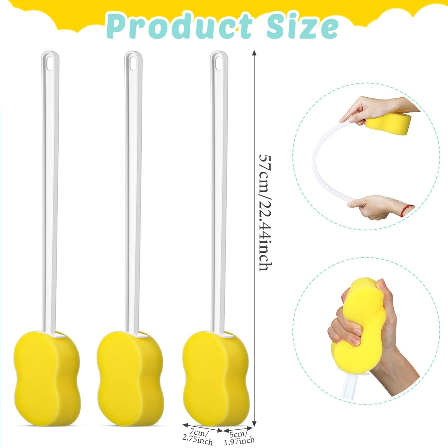 Yetene 3 Pcs Long Handle Bath Sponge 22.4'' Back Sponge on a Stick Lightweight Back Washer Handled Butt Scrubber Shower Brush for Foot Body Cleaning Bathing Limited Motion, Yellow(8-shape Style)