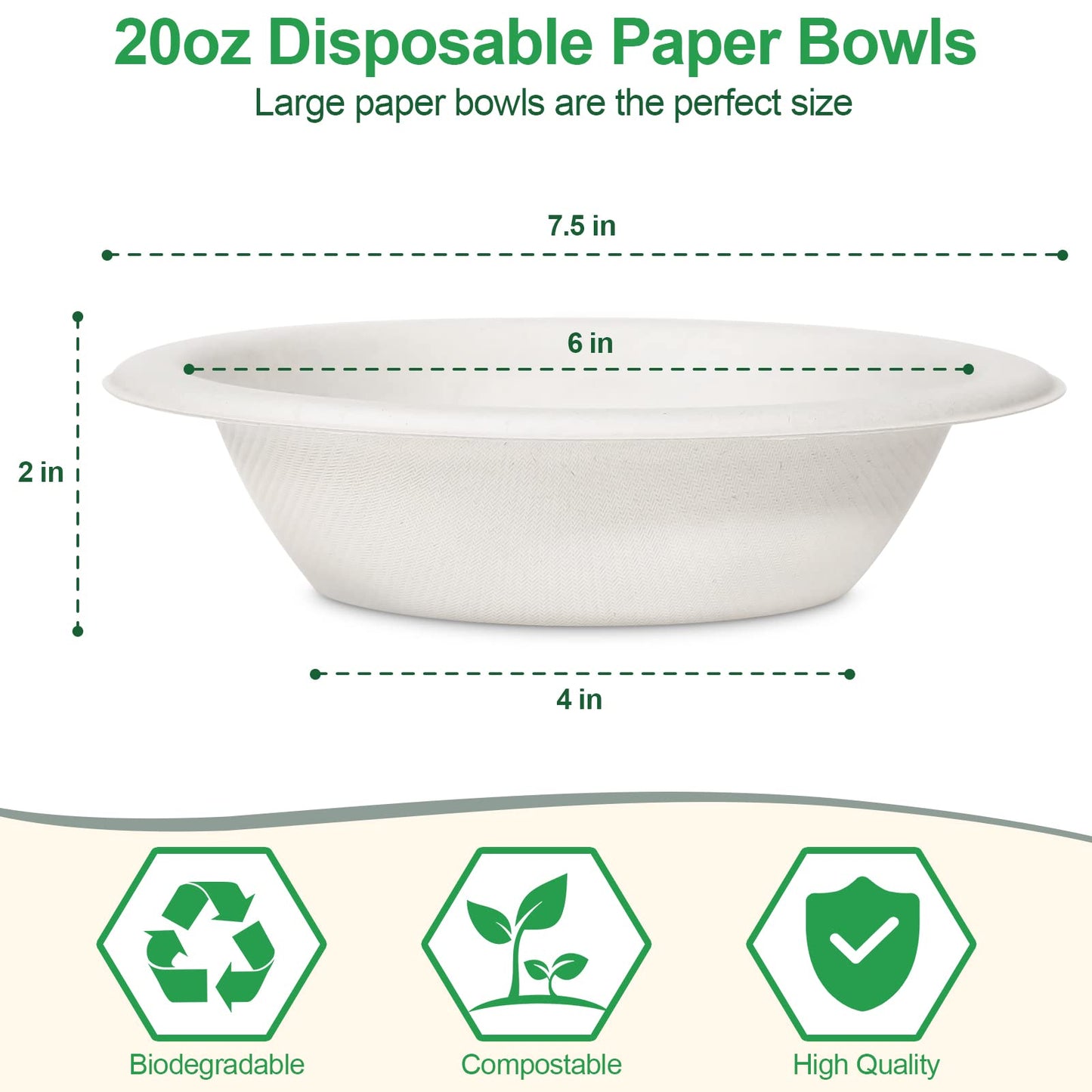 Paper Bowls Disposable 20 oz: 150 Pack Compostable Paper Bowls, Heavy Duty Disposable Bowls for Hot Soup, Salad, Ice Cream, Biodegradable Bowls Made Of White Sugarcane
