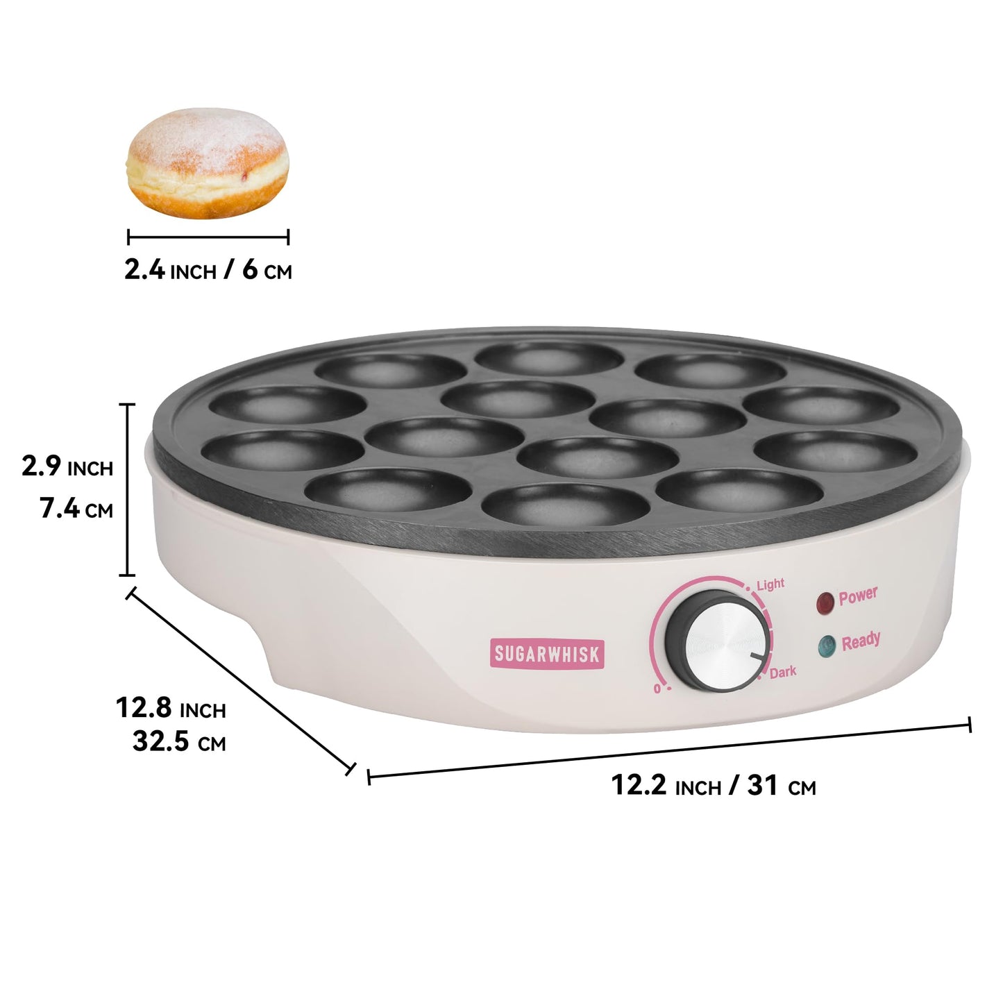 SugarWhisk Mini Pancakes Maker Machine with 14 Larger & Deeper Grooves, Electric Mini Pancake Pan, Aebleskiver Pan, Ebelskiver Pan, Browning Controllable, White