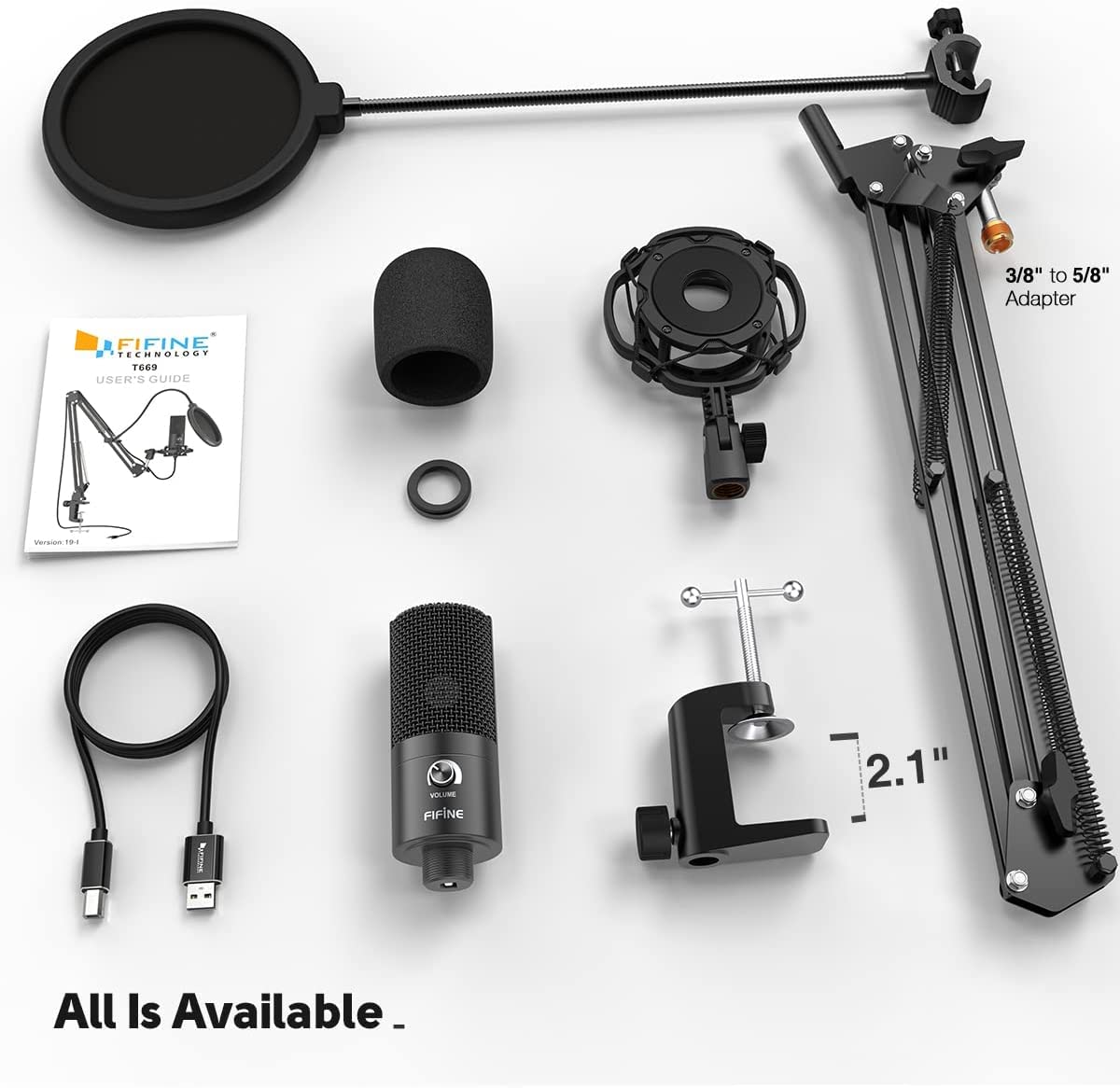 Fifine USB Podcast Microphone Kit for PC Computer, Studio Condenser Mic with Boom Arm, Gain Control, Shock Mount for Recording, Voiceover, Video on Tiktok YouTube Video-T669