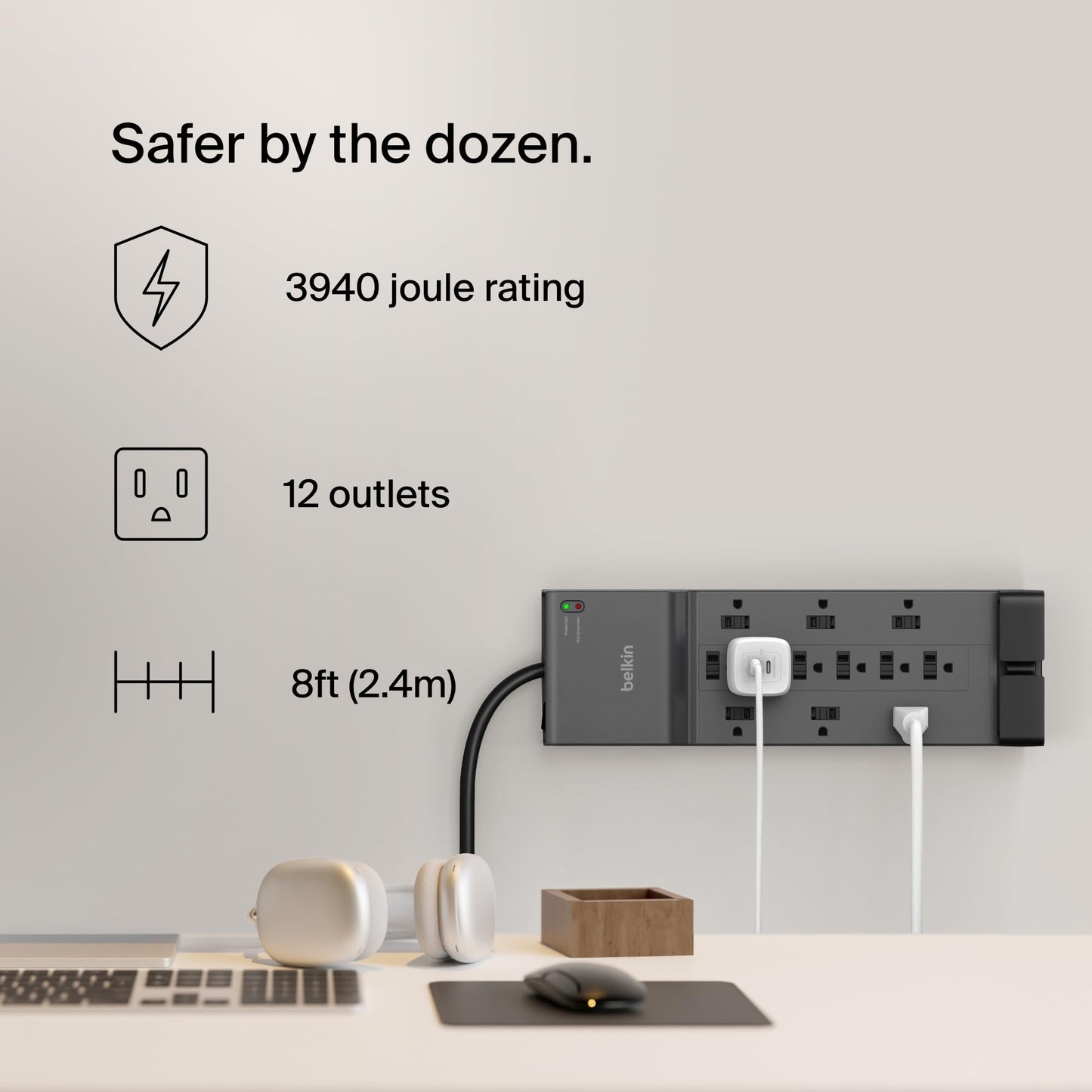 Belkin Power Strip Surge Protector - 12 AC Multiple Outlets & 8 ft Long Flat Plug Heavy Duty Extension Cord for Home, Office, Travel, Computer Desktop, Laptop & Phone Charging Brick (3,940 Joules)