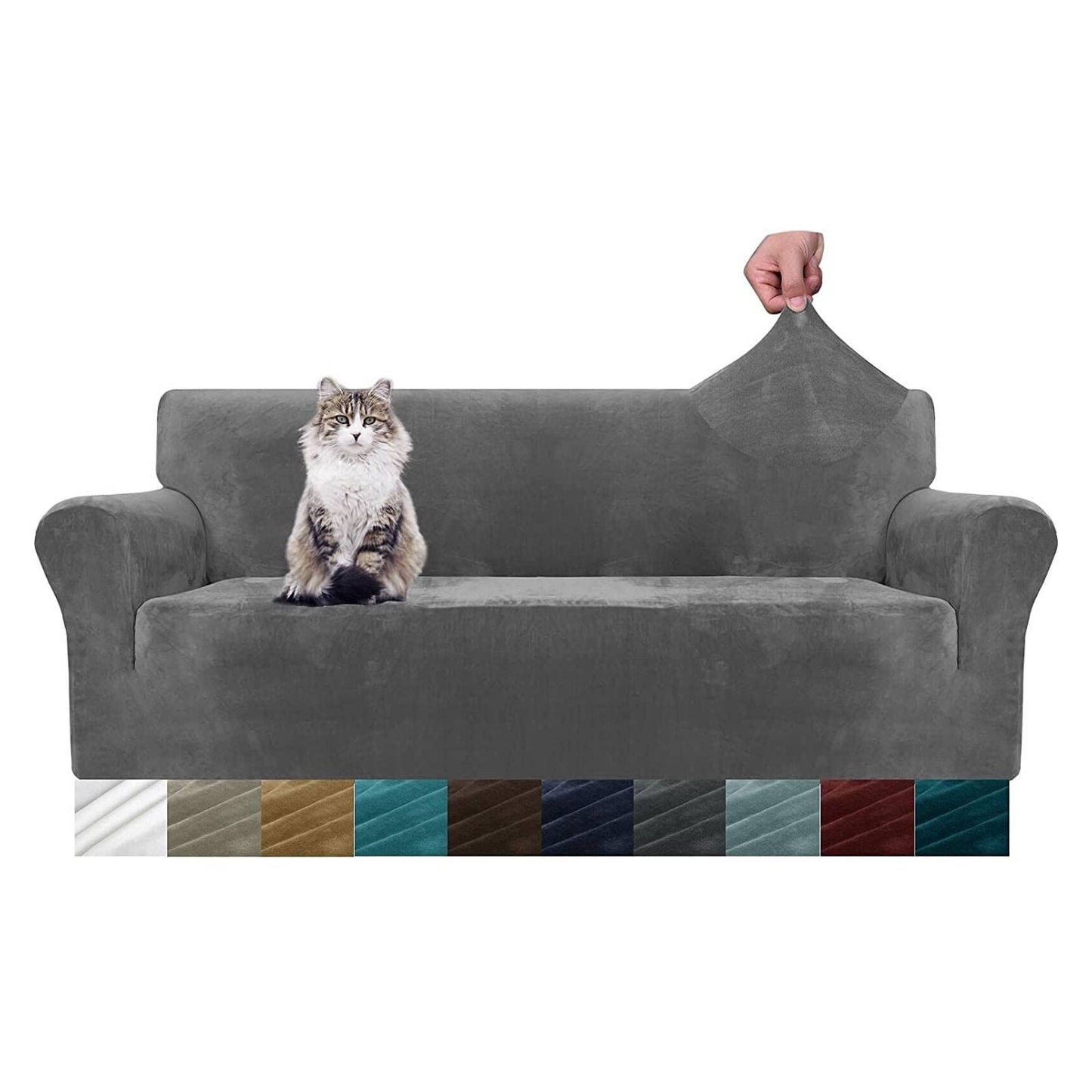 MAXIJIN Thick Velvet Sofa Covers for 3 Cushion Couch Super Stretch Non Slip Couch Cover for Dogs Cat Pet Friendly 1 Piece Elastic Furniture Protector Plush Slipcovers (Sofa, Gray)