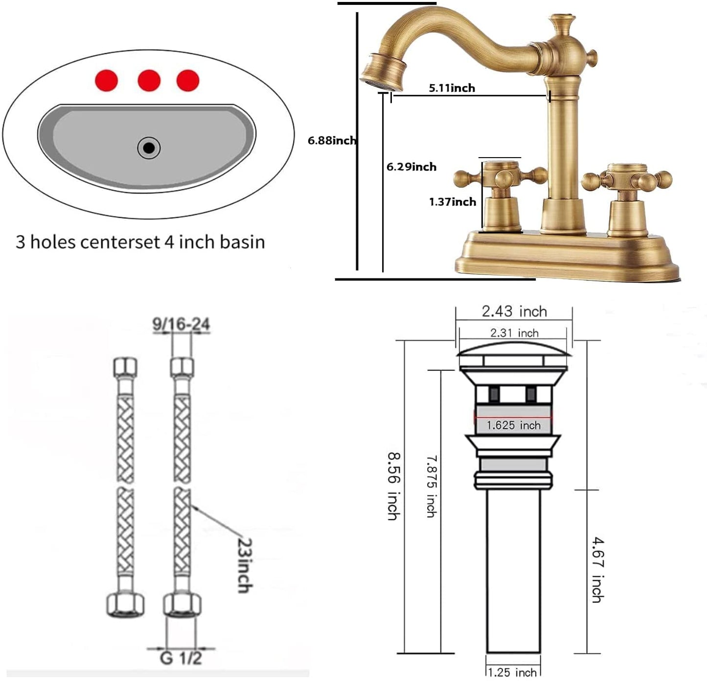 Bathroom Faucet Antique Brass GGStudy 2 Handles 4 Inches Centerset Faucet Bathroom Vanity Faucet with Drain Assembly and Supply Hose Lavatory Faucet Mixer Double Handle Tap Deck Mounted