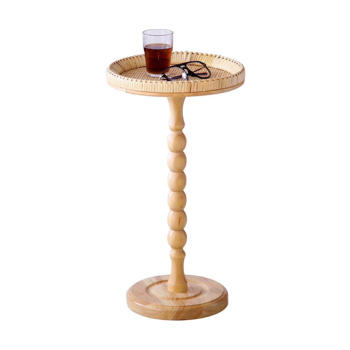 HuiDao Drink Table,Rattan Round Small Side Table for Small Spaces, Boho Circle End Table Coffee Table with Solid Wood Leg for Living Room, Pedestal Table for Bedroom, Corners
