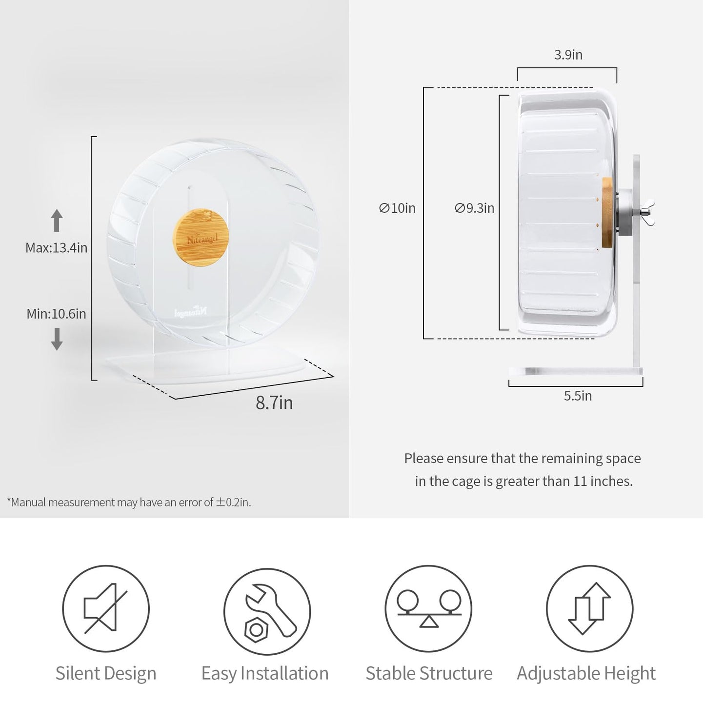Niteangel Super-Silent Hamster Exercise Wheels - Quiet Spinner Hamster Running Wheels with Adjustable Stand for Dwarf Syrian Hamsters Gerbils Mice Or Other Small Animals (Transparent, Medium)