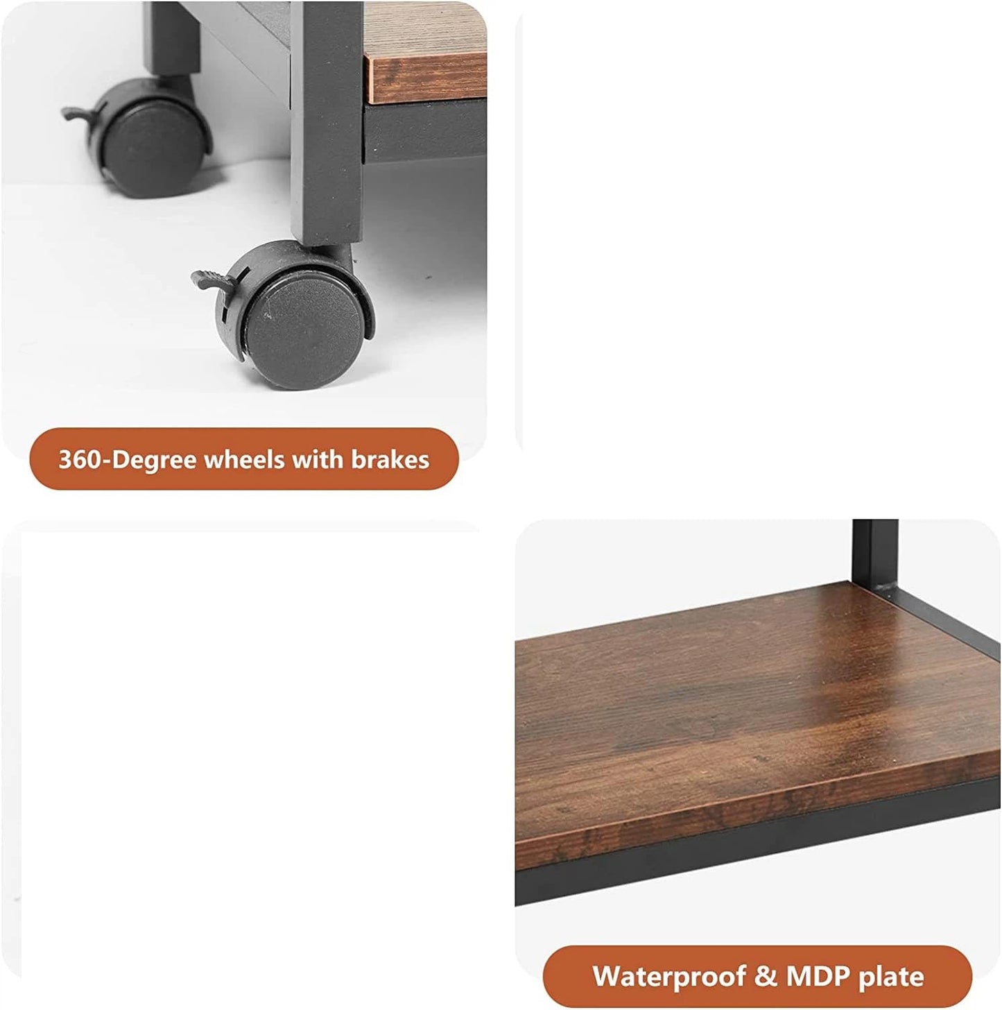 Printer Stand, Printer Rack with Casters, Desk Side Cart, Mobile Printer Stand, Wooden Cart with Rack, Brown