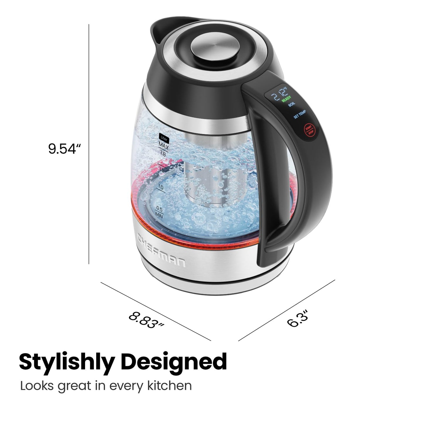 CHEFMAN Electric Kettle with Digital Temperature Control, 1.8L 1500W with Tea Infuser, Hot Water in 3 Minutes, Auto Shut Off, Keep Warm, Borosilicate Glass Electric Tea Kettle – Stainless Steel
