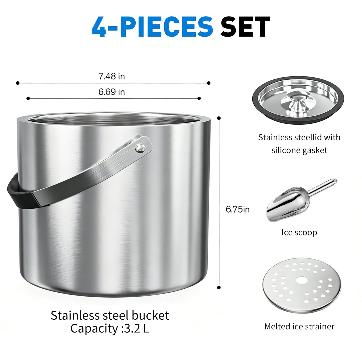 Ice Bucket with Lid and Scoop, 3.2L Double Wall Insulated Stainless Steel Ice Bucket Champagne Bucket for Cocktail Bar and Parties