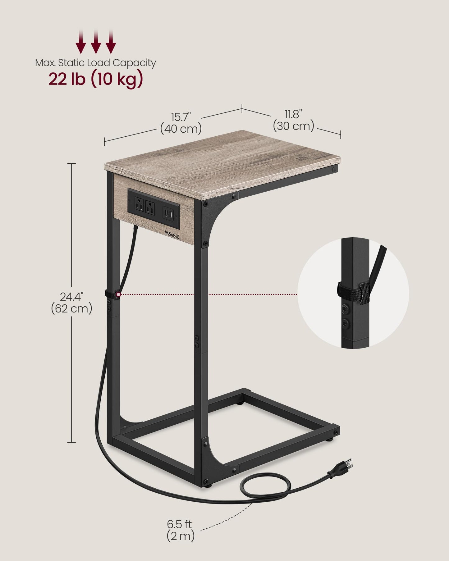 VASAGLE C-Shaped End Table for Couch, Sofa Side Table with Charging Station, Metal Frame, for Living Room, Bedroom, Heather Greige and Ink Black ULET362K02