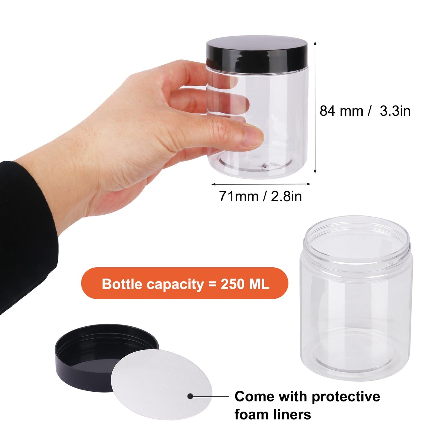 IHDYPPEW 48 Pack 8 OZ Clear Plastic Jars with Black Lids, Empty Plastic Mason Jars, Plastic Cosmetic Jars with Lids for Cream, Body Butters, Moisturizers, Candy, Beads, Samples (Clear)