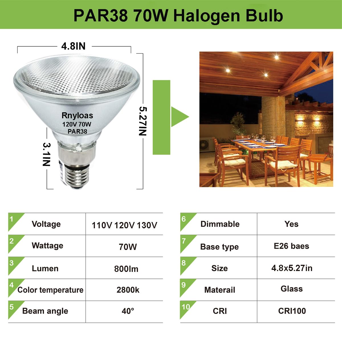 Rnyloas PAR38 Halogen Flood Light 70W 120V(80W Equivalent,4 Pack Long Lifespan PAR38 Flood Light Dimmable, High Output 800LM PAR38 Bulb with E26 Base, 2800k Warm White Halogen Par38 Light Bulb