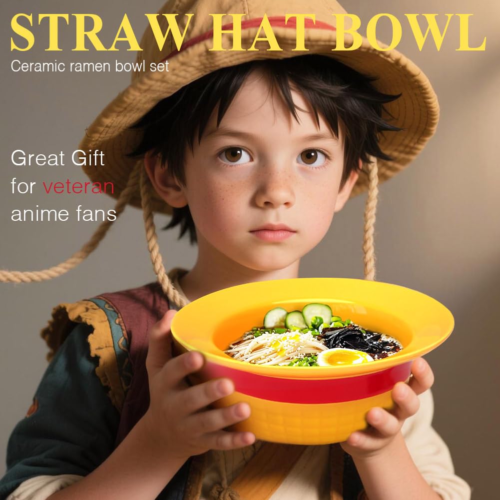Straw Hat Ceramic Bowl Set w/Spoon Fork & Chopsticks - Novelty Ramen Bowl