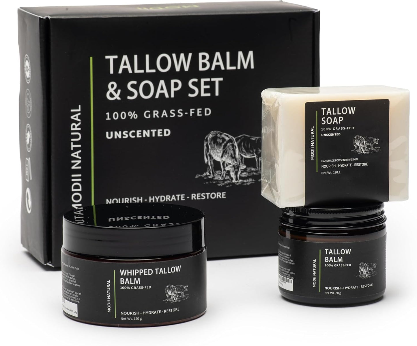 Beef Tallow Skincare Gift Set – 3-in-1 Bundle with 100% Grass-Fed Tallow Balm, Whipped Tallow Moisturizer & Handmade Tallow Soap – Natural, Unscented, Nourishing – 60g Balm, 120g Cream, 120g Soap