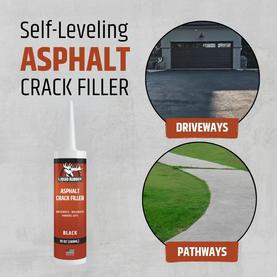 Liquid Rubber Asphalt Crack Filler - Professional-Grade Self-Leveling Waterproof Sealant for Driveway, Parking Lot & Walkway Cracks - Black 10oz - Helps Stop Water Intrusion & UV Damage - 4 Pack