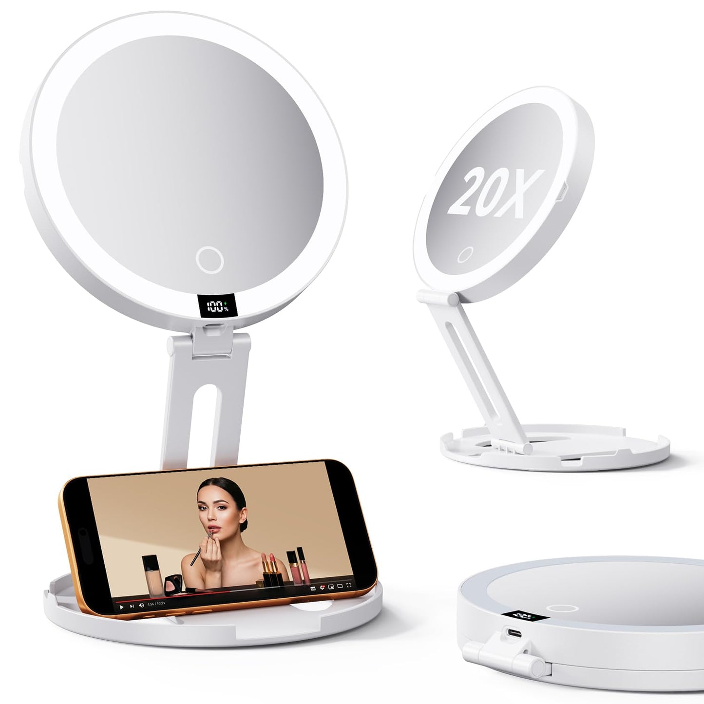 Travel Makeup Mirror with Lights (Gen 3) - 20X/1X Dual Sided Magnifying Mirror with Digital Power Display - Rechargeable, 3 Color Dimmable, CRI 95+ - Portable Folding Design