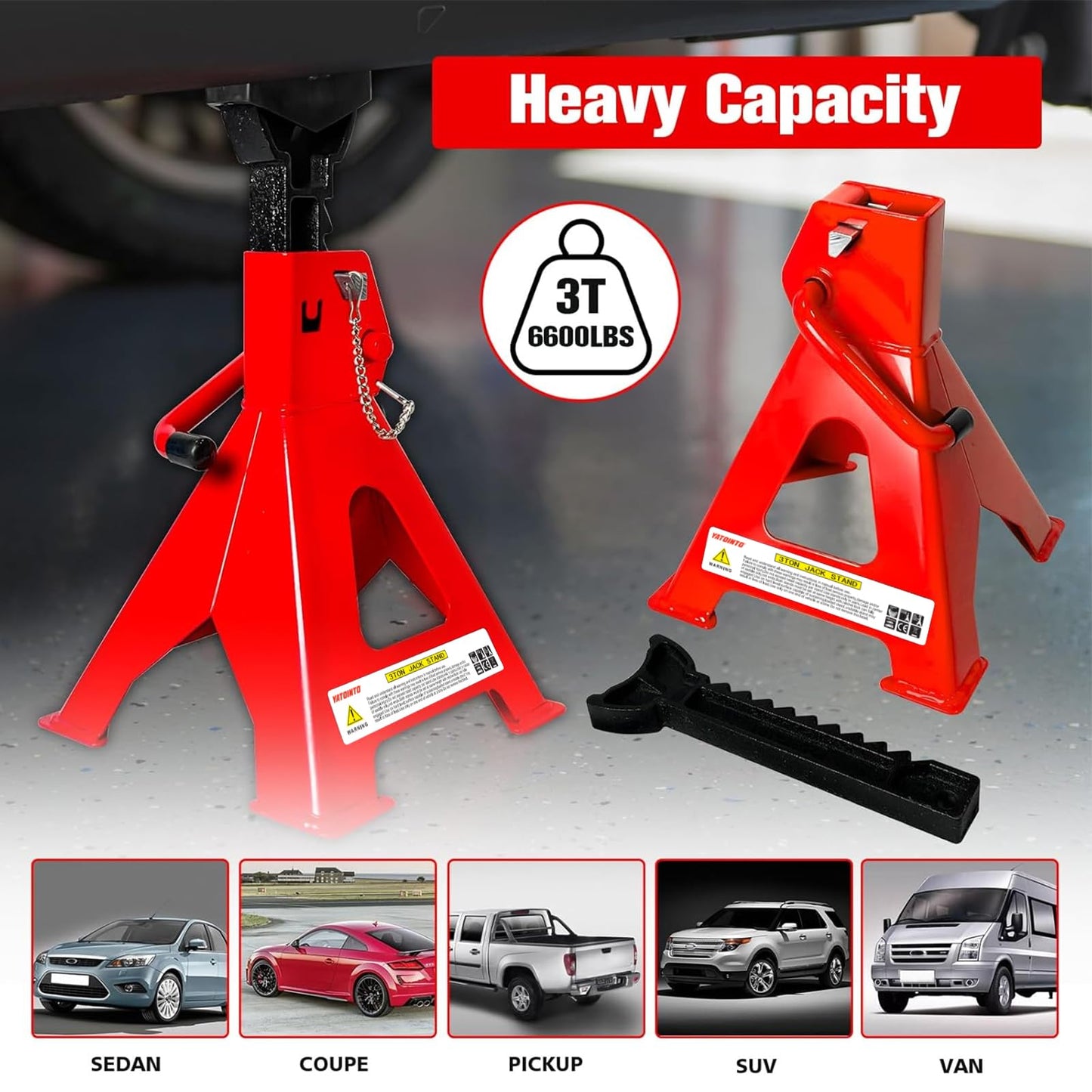 Jack Stands 3 Ton (6,600 LBs), 11.22"-16.54" Adjustable with Double Pin Locking for Reinforced Safety. Car Jack Stand with Extra Rubber Pads for Trucks, Home,Garage,Lifting,1 Pair Red