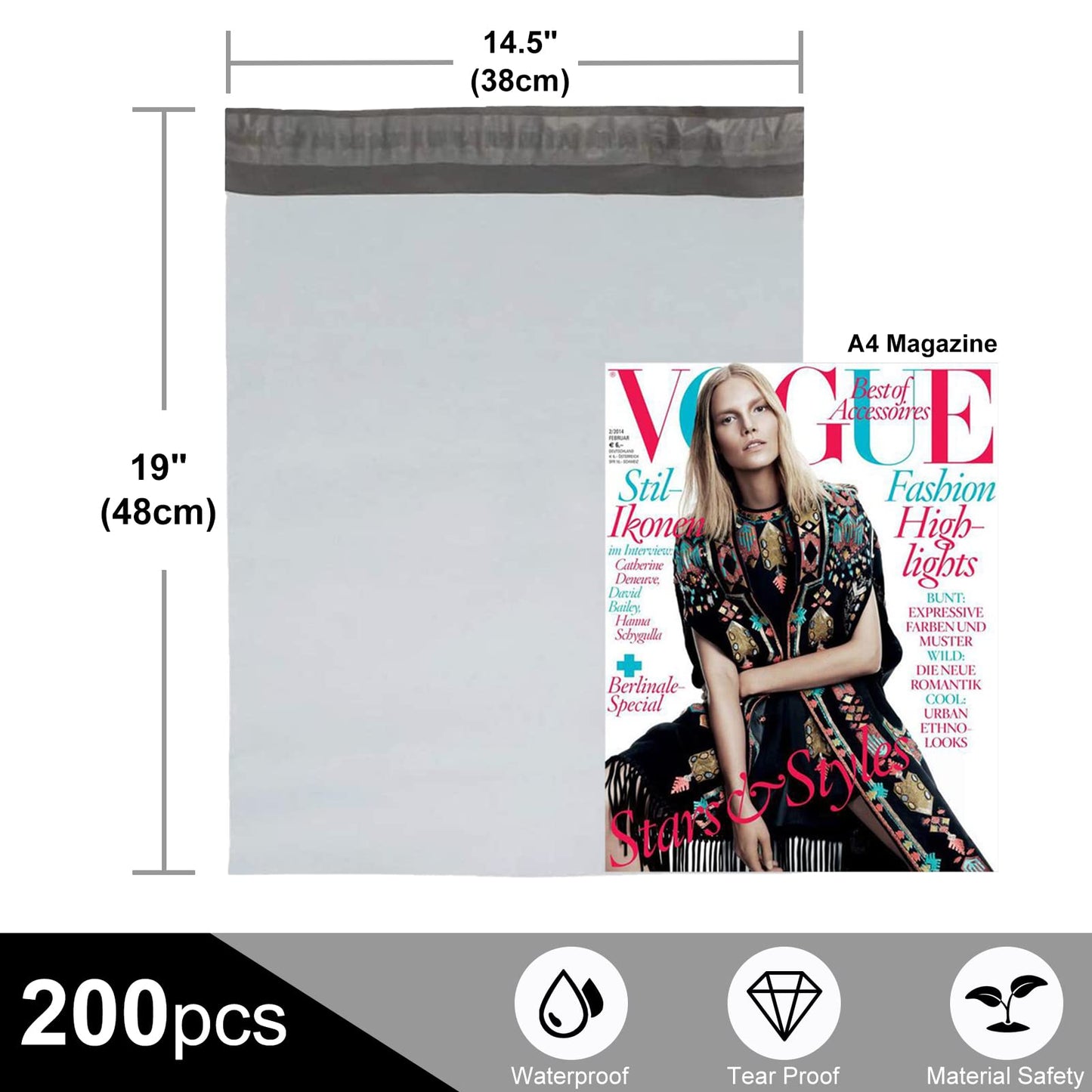 Large Poly Mailers 14.5 x 19 Self Seal Shipping Bags for Small Business, Clothing Packaging Bags, 200 Pack Shipping Envelopes, Tear Proof & Waterproof, White