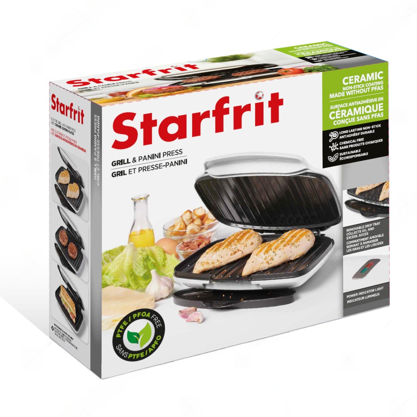 Starfrit Grill And Panini Press With Ceramic Coating - Non-Stick Coating - PFAS-Free - Removable Fat And Oil Collection - White