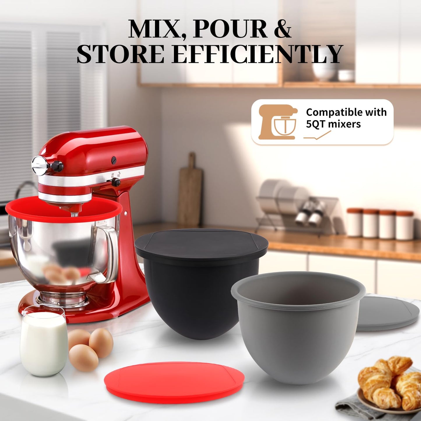 5QT Silicone Mixing Bowls with Lids (3 pack) Compatible with 5QT KitchenAid Mixer, Shatterproof, leak-proof design, Non-slip base, Easy-to-clean food storage bowls, Food-grade silicone