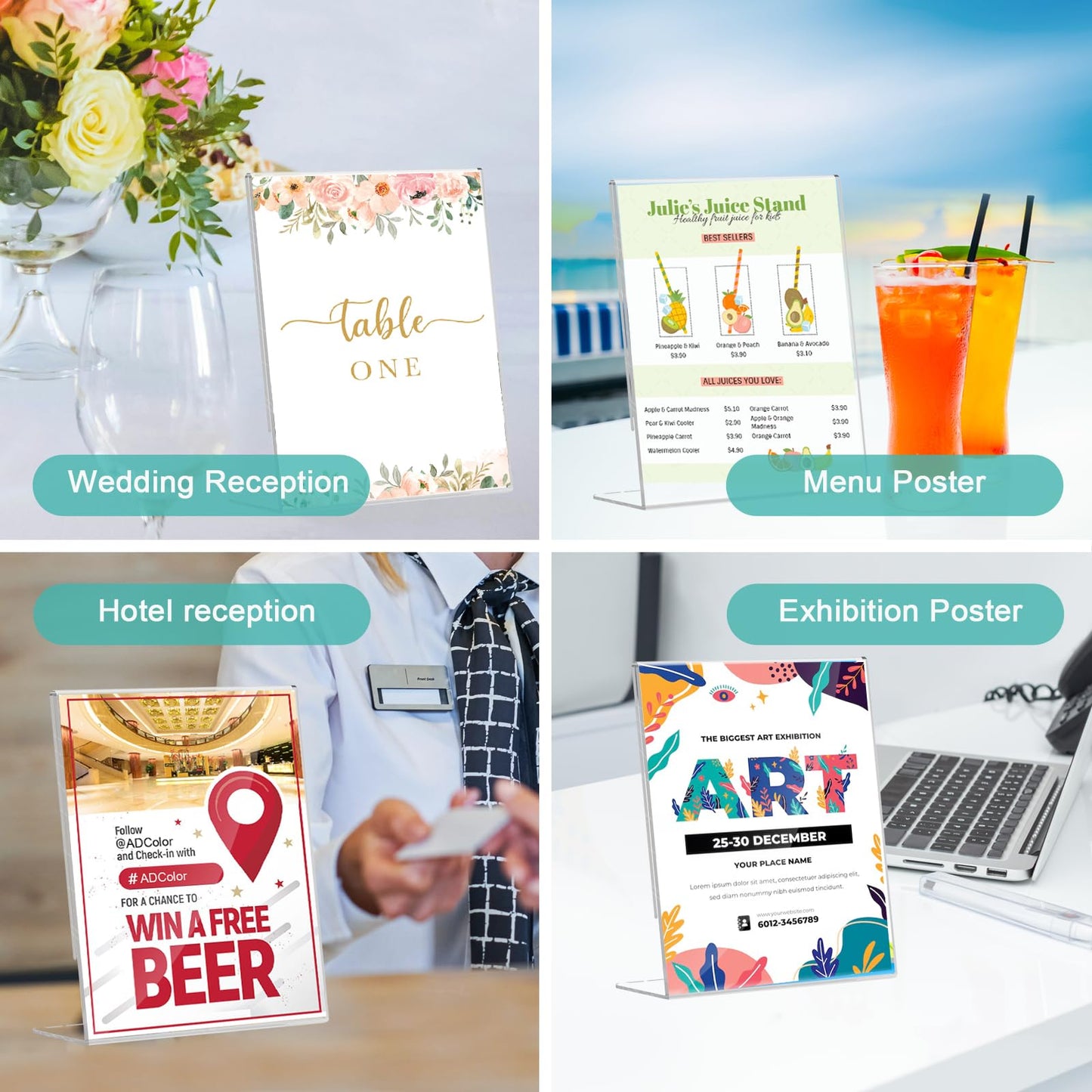 ADColor Acrylic Sign Holder 8.5 x 11 - Vertical Slant Back Clear Display Stand for Table Signs, Menu, Flyer, Brochure & Document - Plastic Frame for Office Desktop, Store, Restaurant, Home, Show Fair, 6 Pack