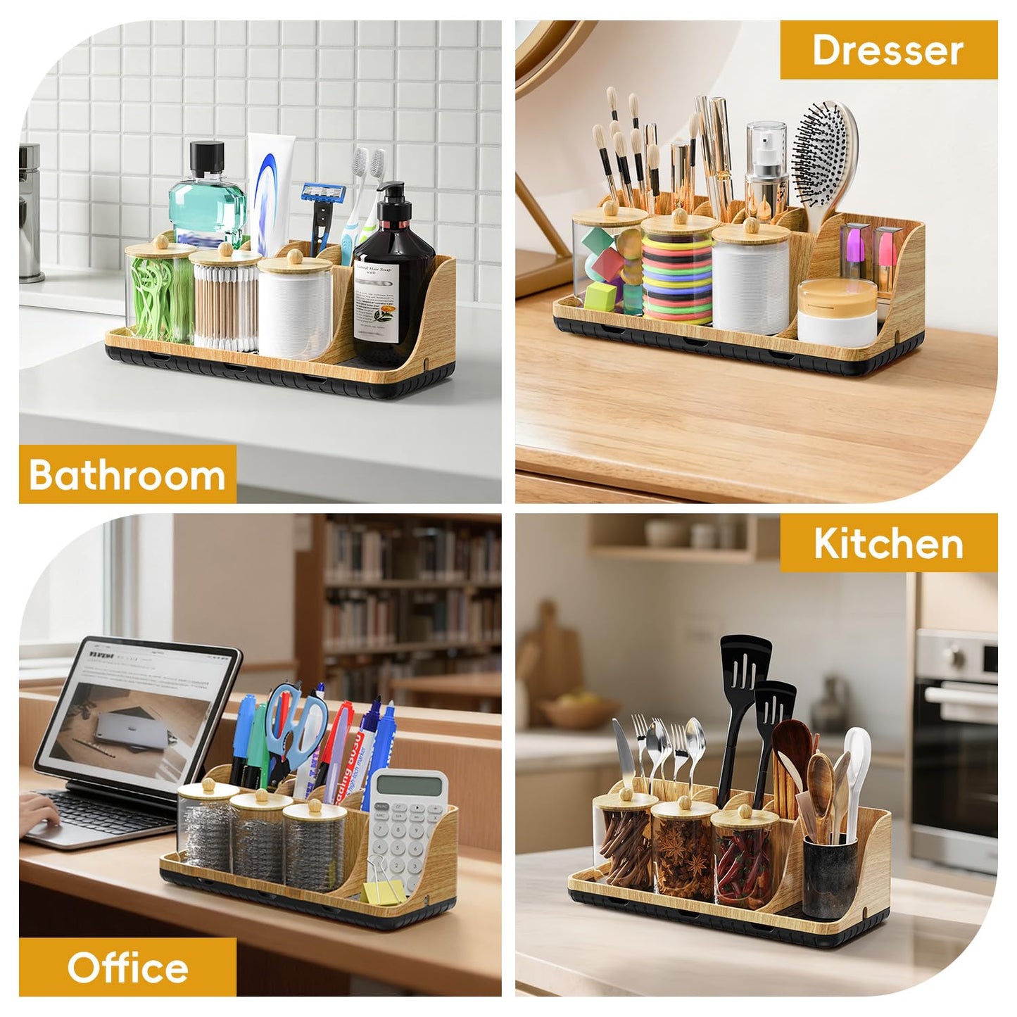 Bathroom Toothbrush Holder Set with 3 PCS Qtip Holders, Bathroom Organizer with Drainage Tray, Kids Electric Toothbrush Holder for Bathroom Countertop Caddy & Storage, Wood