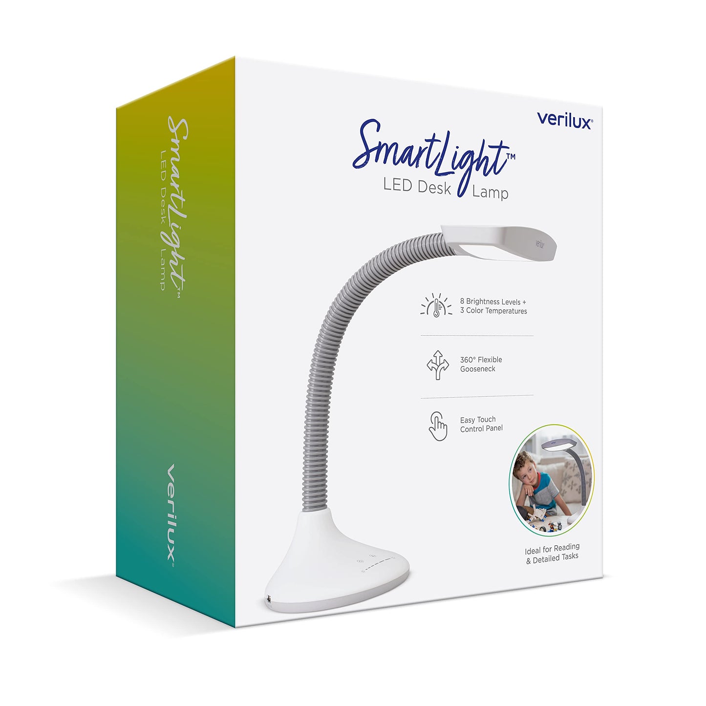 Verilux® SmartLight Full Spectrum LED Desk Lamp with Adjustable Brightness, Flexible Gooseneck, Integrated USB Charging Port, Reduces Eye Strain and Fatigue - Ideal for Reading, Artists, Craft