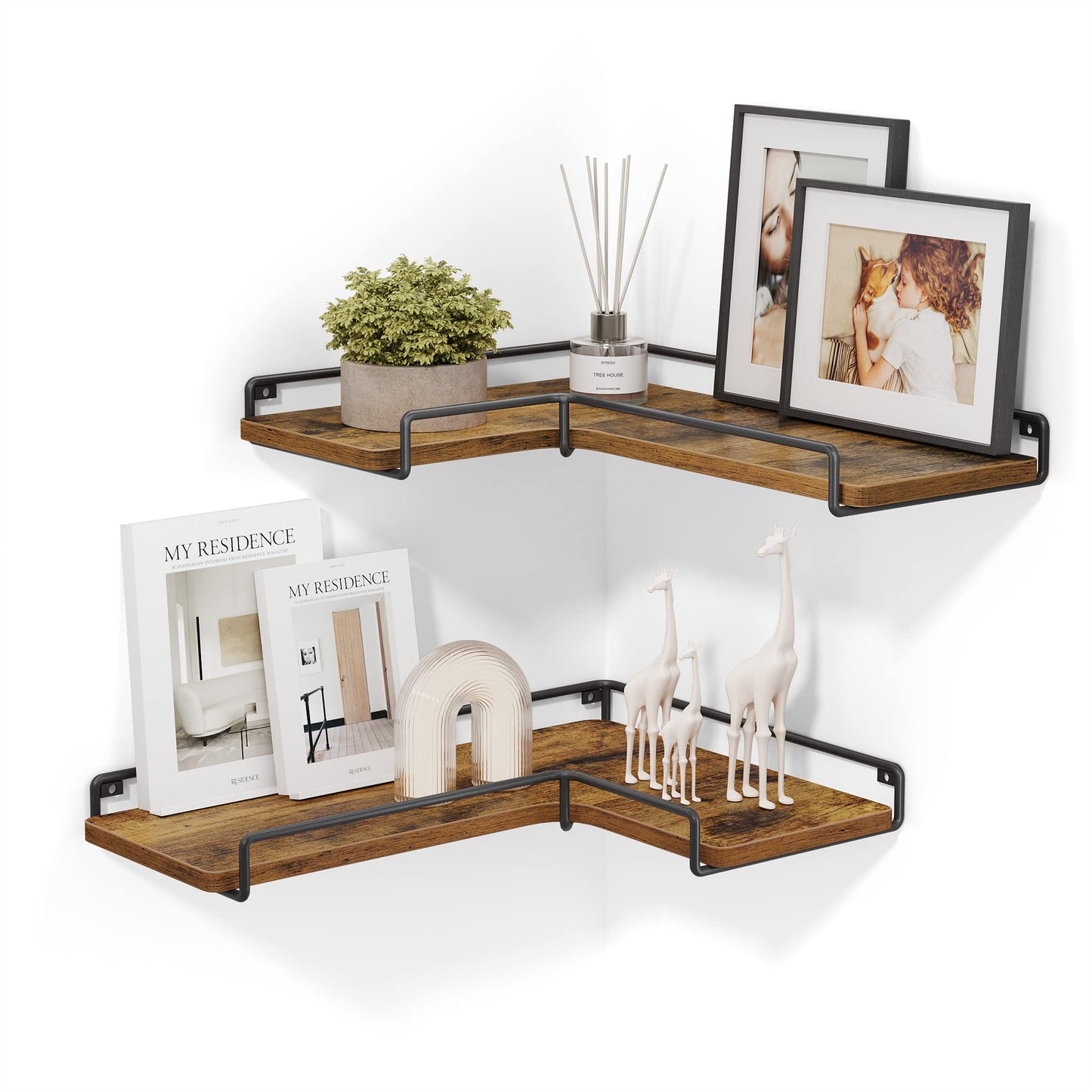 VASAGLE Corner Floating Shelves, Corner Wall Shelf Set of 2, Corner Shelves for Wall Decor and Storage, Wall Mount, Rustic Brown and Black ULLS831B01