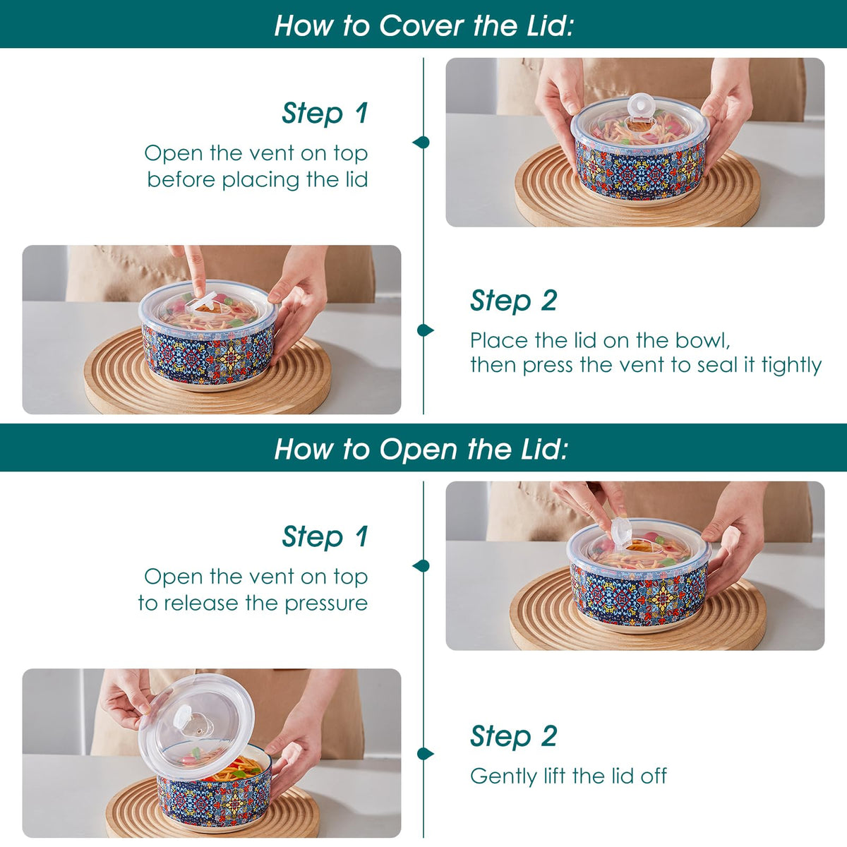 vancasso Mixing Bowls with Lids Set of 4, Ceramic Nesting Bowls Serving Bowl for Food Storage, Microwave and Dishwasher Safe, 1800/1080/600/300 ML, Series SIMI