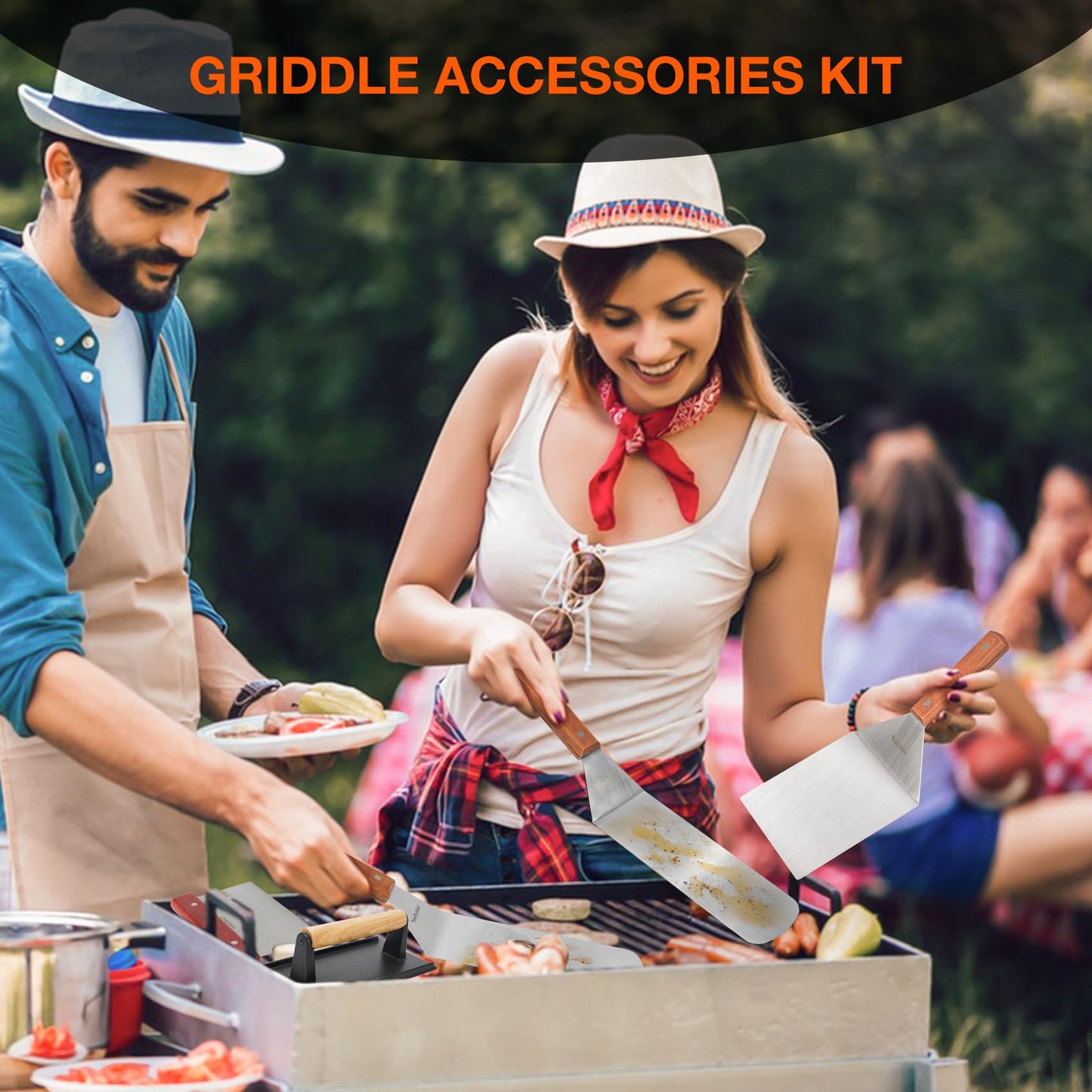 only fire Professional Barbecue Tool Kit Grill Griddle Tools Flat Top Griddle Accessories for Camping, Outdoor Hibachi, Backyard-Set of 5