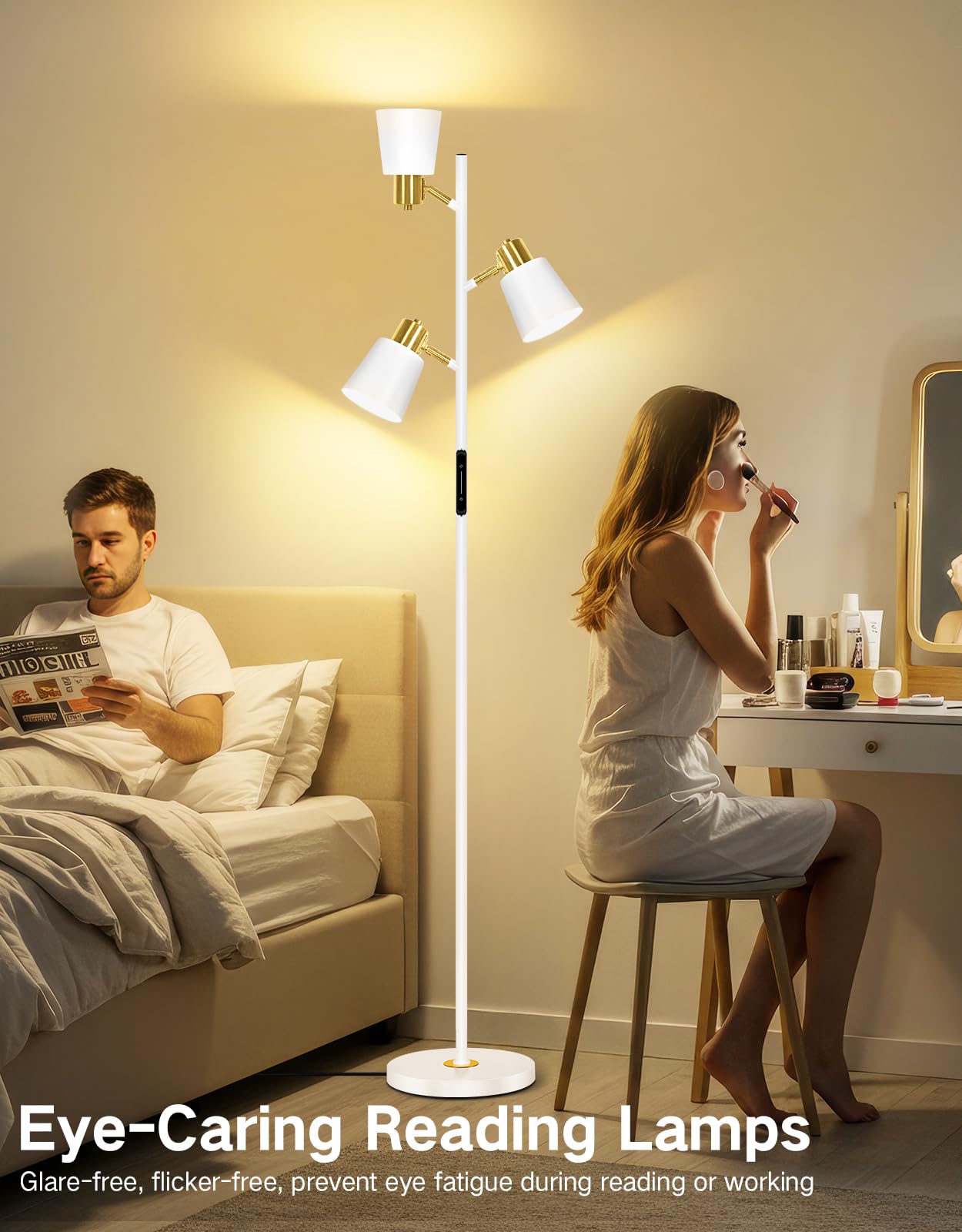 OUTON Tree Floor Lamp, LED Dimmable Floor Lamp with Remote And Touch Slide Control, 4 Color Temperatures, 3 Rotatable Lights, Modern Standing Lamp for Living Room Bedroom Office, Bulbs Included, White