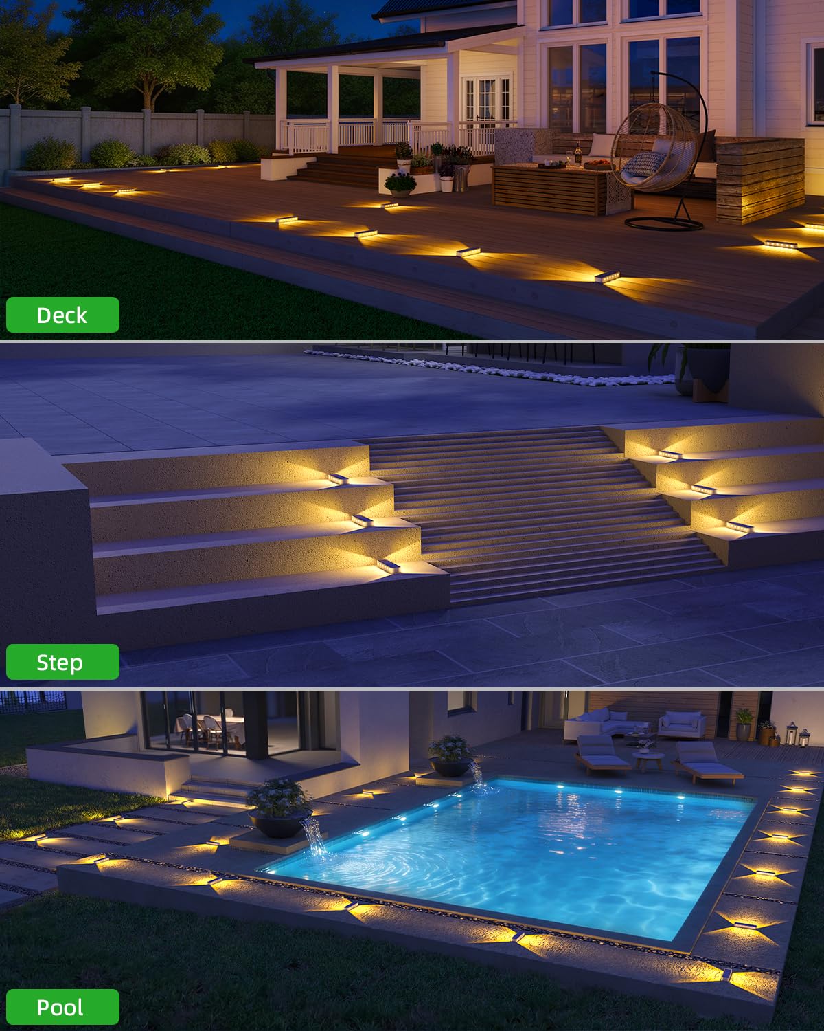 DetarZinLED Solar Step Lights Outdoor 4 Pack, 12 LEDs 2-Sided Illumination Solar Stair Lights Outdoor IP68 Waterproof,Auto On/Off Deck Lights Solar Powered for Patio,Yard,Path,Walkway (Warm White)