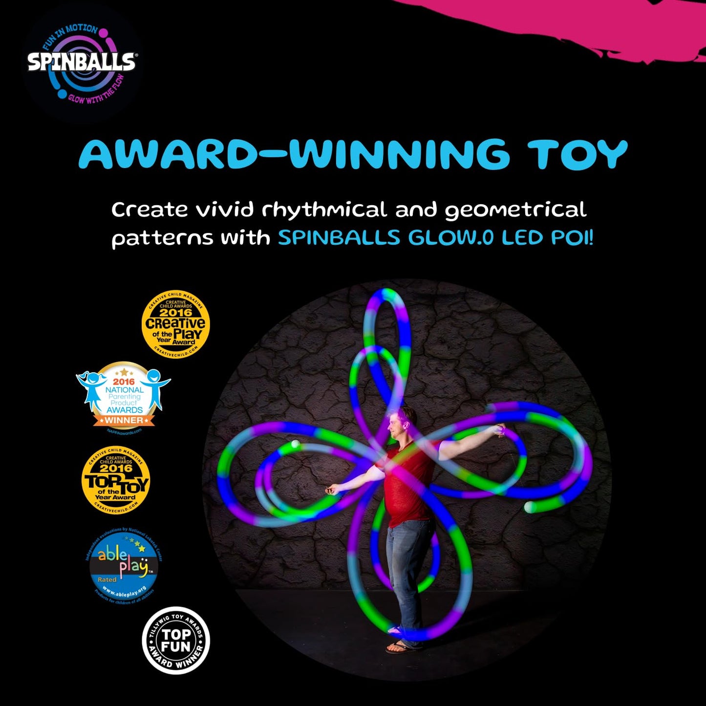 Spinballs Glow.0 LED Poi Balls Glow – USB Rechargeable with 22 Vibrant Color Light Modes & Patterns – Durable, Soft-Core LED Poi Spinning Balls with Adjustable Leashes & Double-Loop Handles