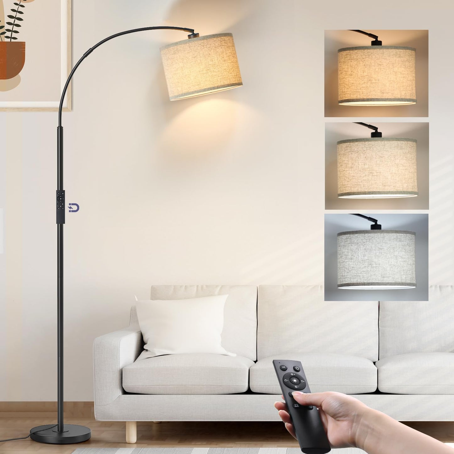 CNXIN Arc Floor Lamps with Remote Control and Stepless Dimmable Color Temperature and Brightness Standing Lamp with Adjustable Beige Hanging Shade Pole Lamp for Bedroom Office, 9W Bulb Included, Black