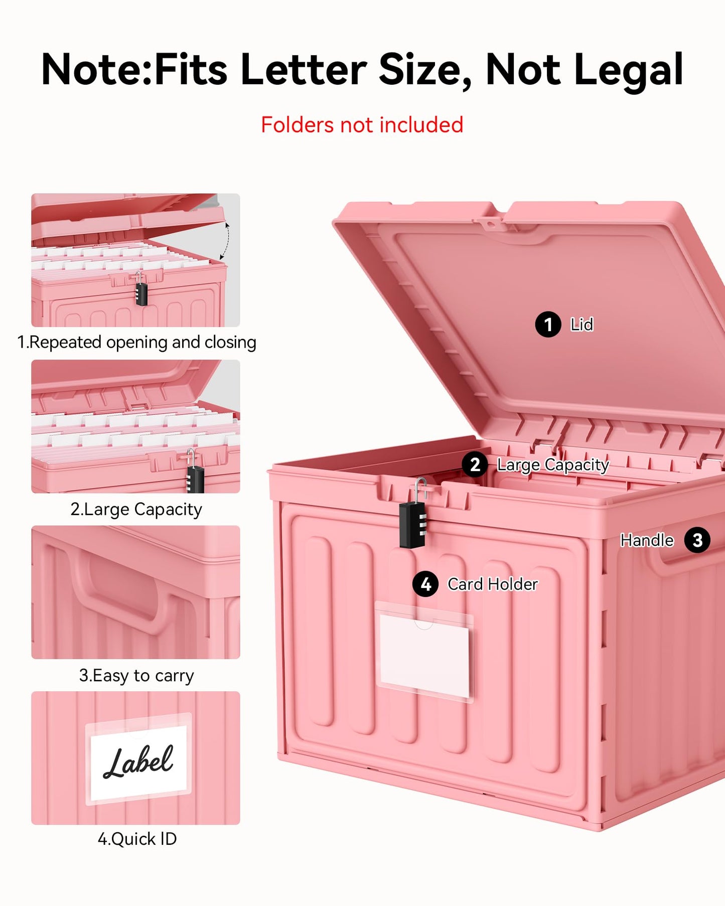Oterri Plastic File Box with Lid for Letter Size Hanging File Folders, Hanging File Folder Box for Home, Office, School, File Cabinet, Assembly File Organizer, Stackable Storage Bins, Pink