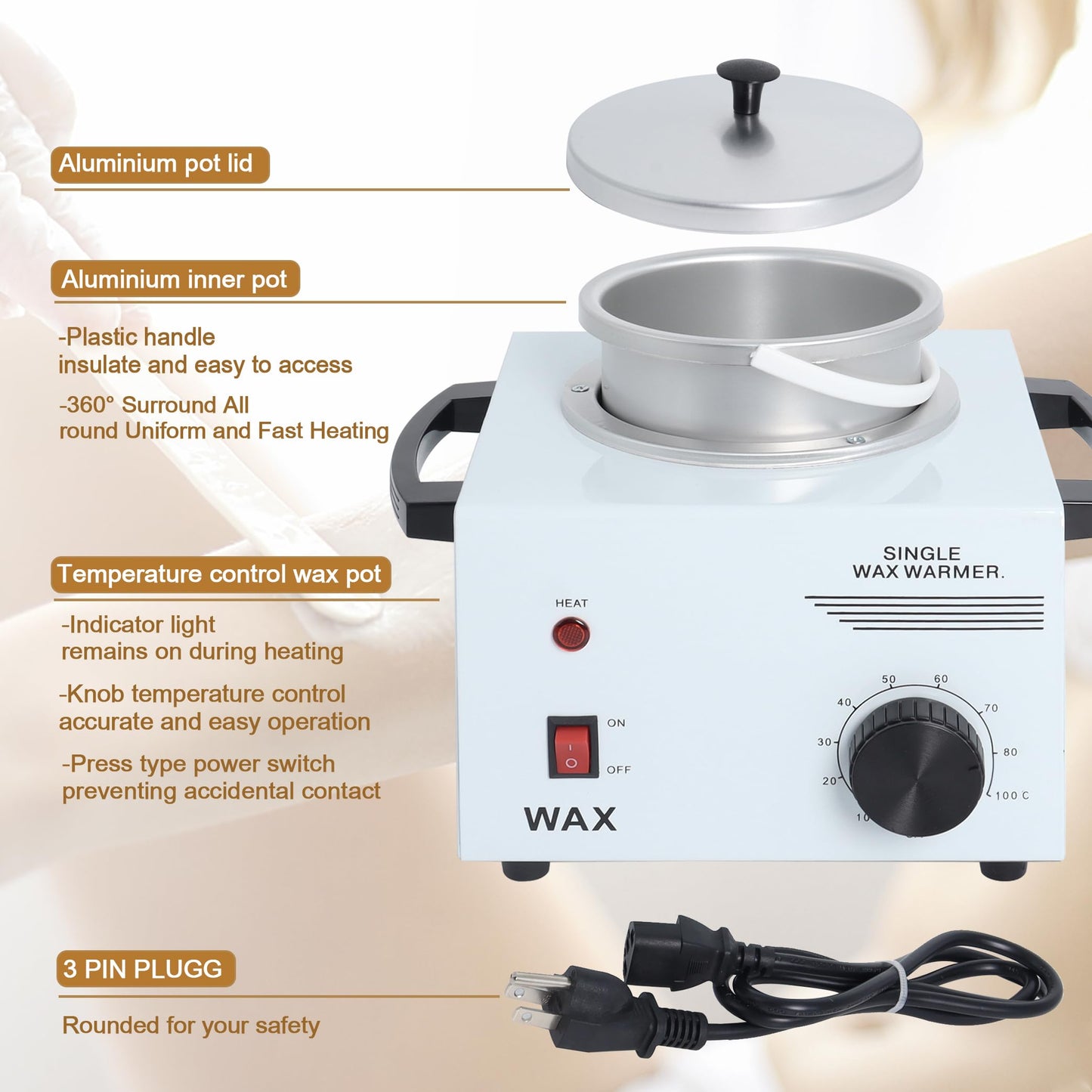 Electric Wax Warmer Machine for Body Hair Removal Hot SPA Aluminum Heater with Wooden Wax Sticks-Single Pot