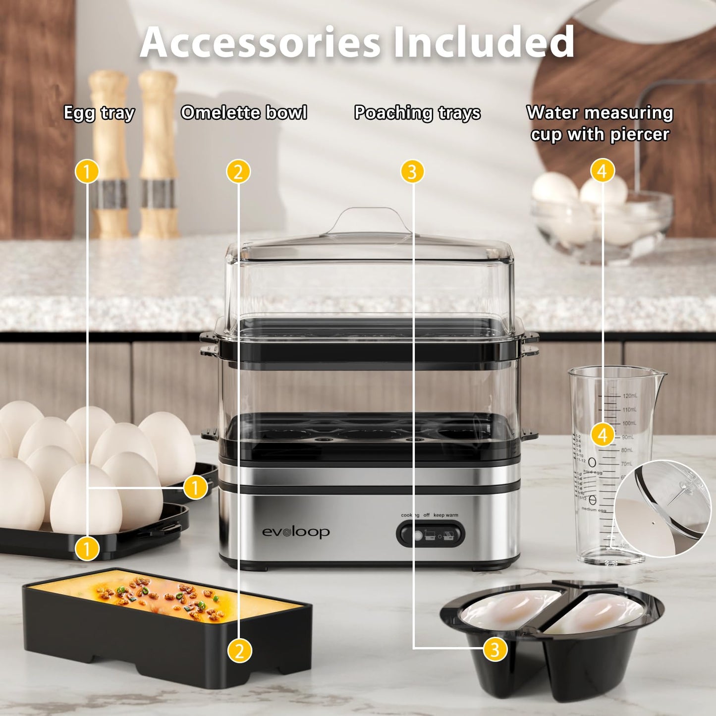 Evoloop Rapid Egg Cooker Electric 12 Eggs Capacity, Soft, Medium, Hard Boiled, Poached, Omelet Maker Egg Poacher & Vegetable Steamer, BPA Free Tray