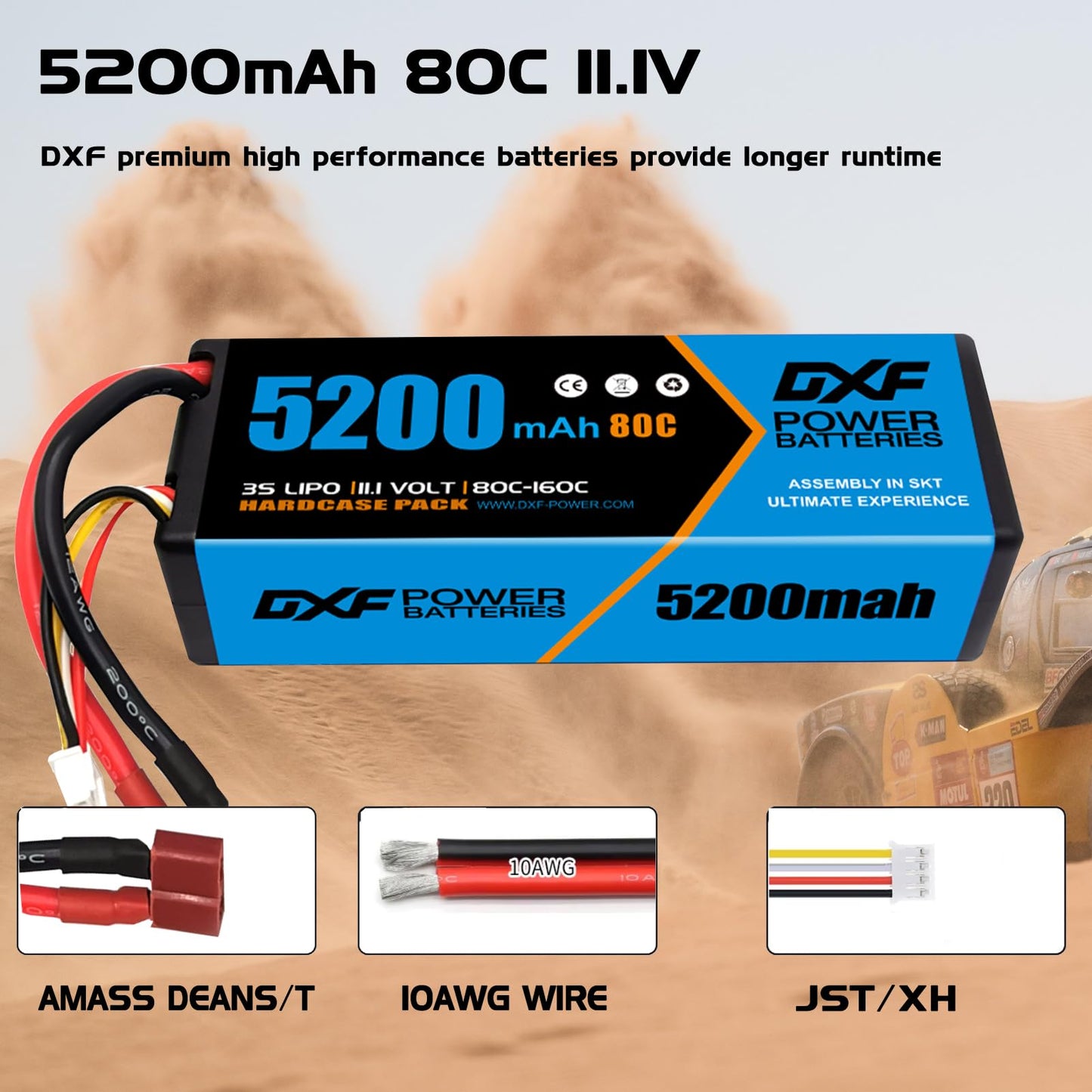 DXF Premium 3S 3s lipo Battery 5200mAh 11.1V 80C Hard Case Deans/T Plug LiPo Battery for RC Car, Boat, Truck, rc Tank Racing Models - 2 Pack