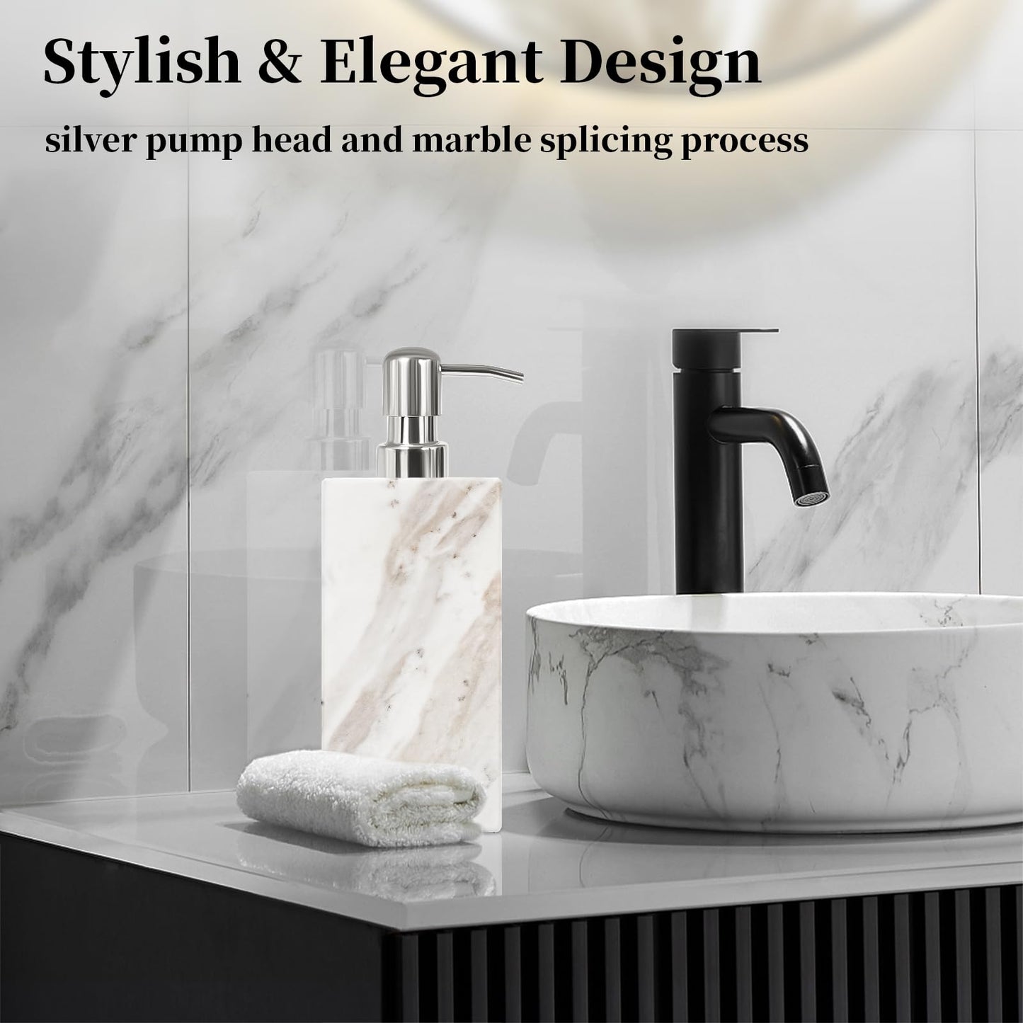 Amaauto White Marble Soap Dispenser for Bathroom and Kitchen Countertop - Lotion and Liquid Soap Dispenser, 6.7 Ounces Soap Bottle with Pump