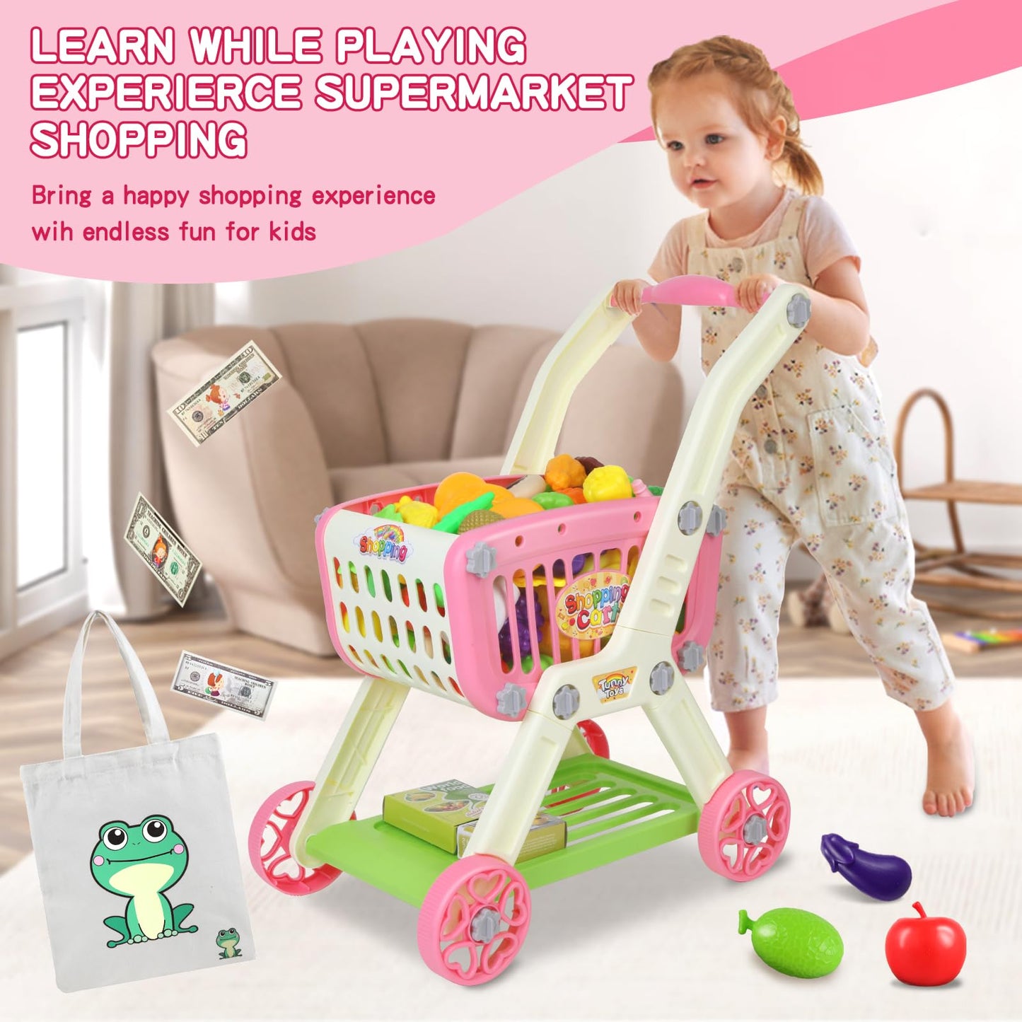 Toddler Shopping Cart - 2 in 1 Toy Grocery Cart for Kids with Pretend Play Food Toys for Girl, 72pcs Toy Shopping Cart Paly Money, Gift for 3 4 5 6 Year Old Girl Boy
