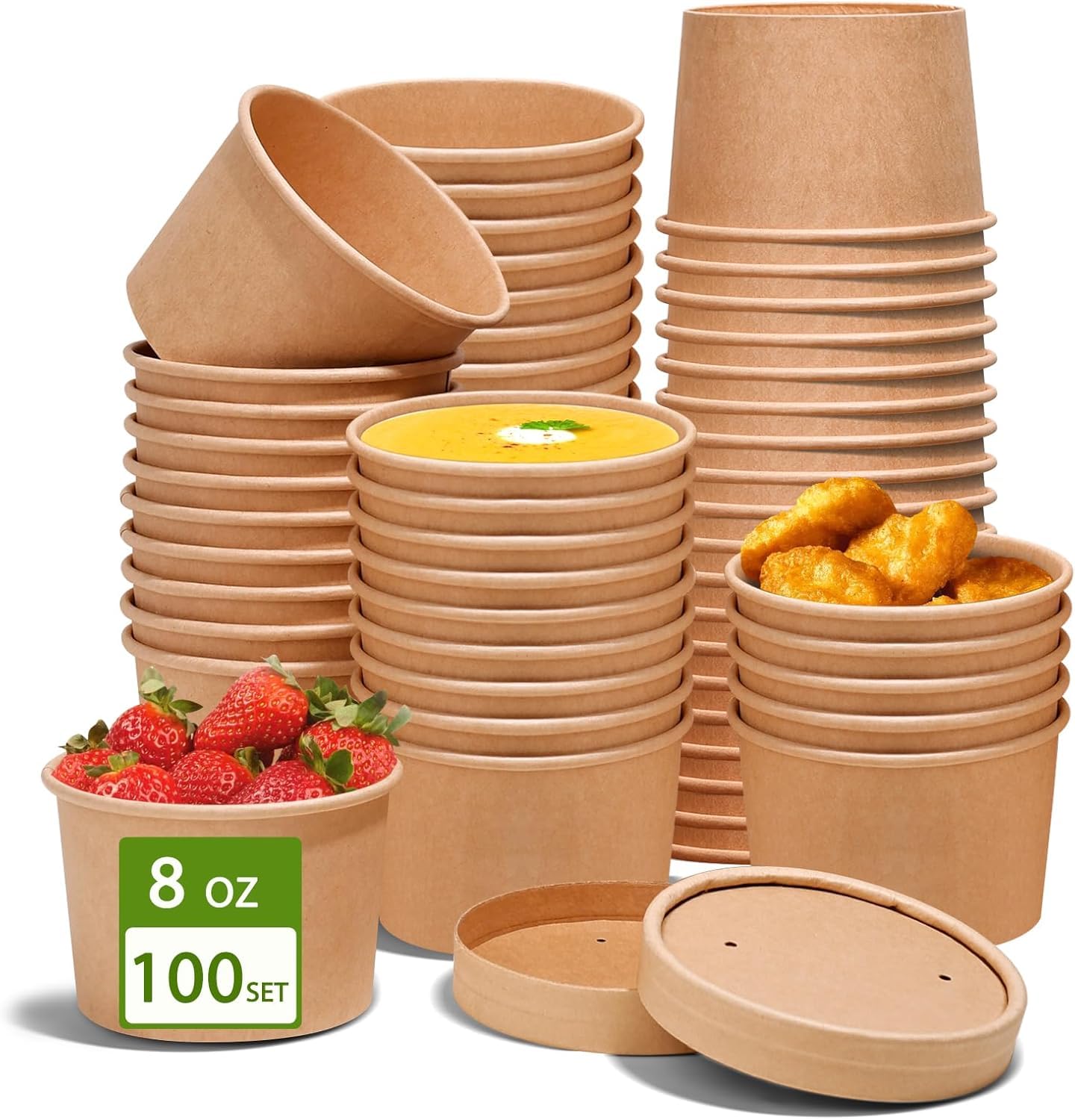 100 Pcs 8oz Disposable Soup Containers with Lids, Ice Cream Cups Kraft Paper Cups with Vented Lids, Heavy Duty to Go Soup Bowls Food Storage Containers for Ice Cream, Yogurt, Cold and Hot Foods