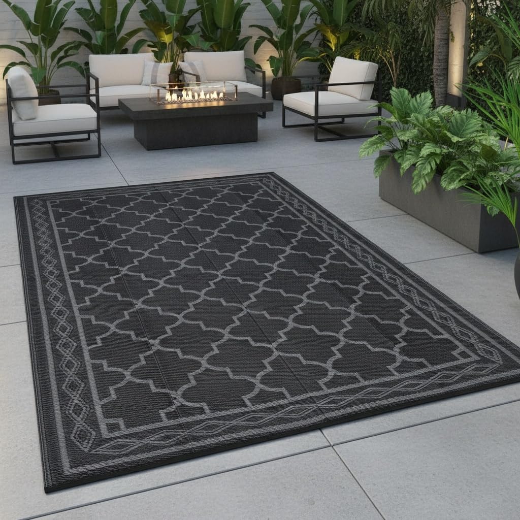 Garvee Morocco Outdoor Plastic Straw Rug 6'x9', Patio Rugs for Camping, Reversible Outdoor Carpet for RV, Waterproof Geometric Mat for Picnic, Deck Balcony Porch Backyard,Black & Grey