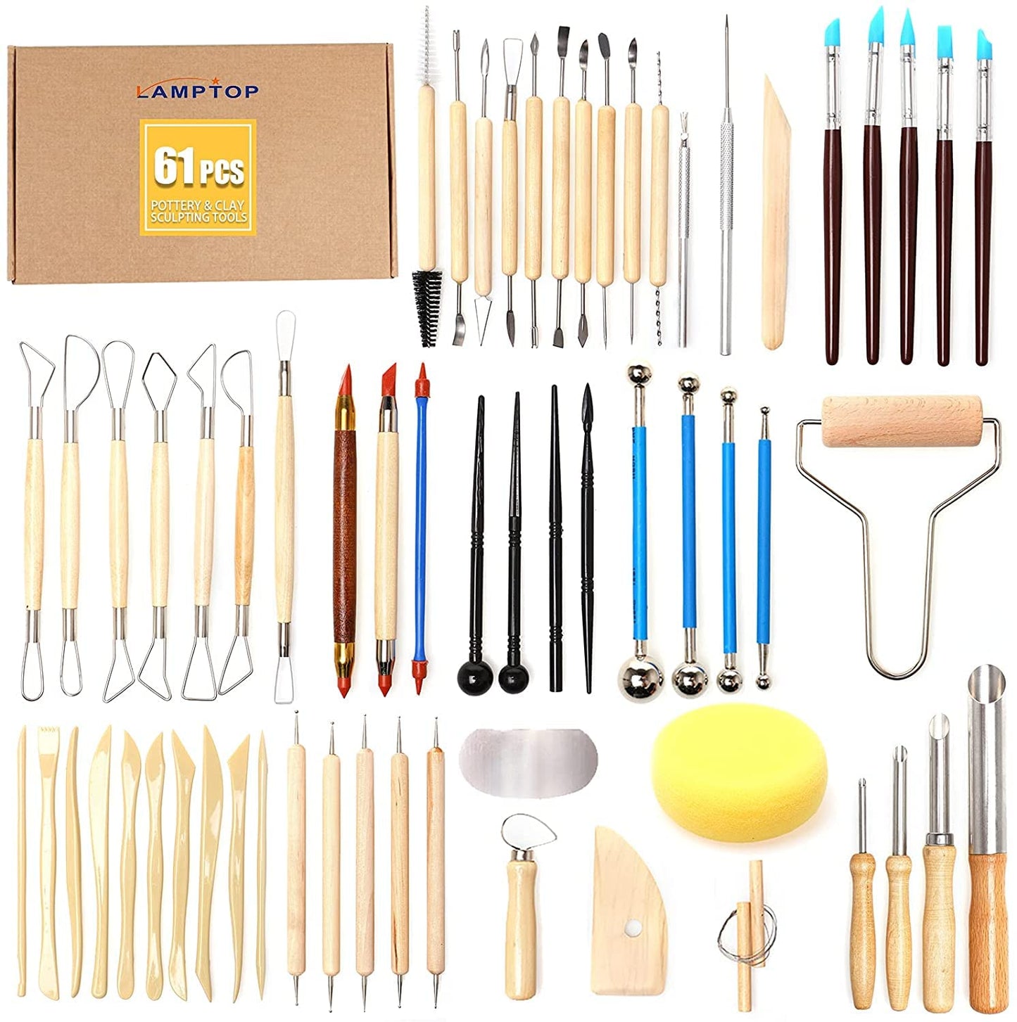 61 Piece Ceramic Clay Tools Set,LAMPTOP Polymer Clay Tools Pottery Tools Set, Wooden Pottery Sculpting Clay Cleaning Tool Set for Potters Beginners Professionals Arts Crafts