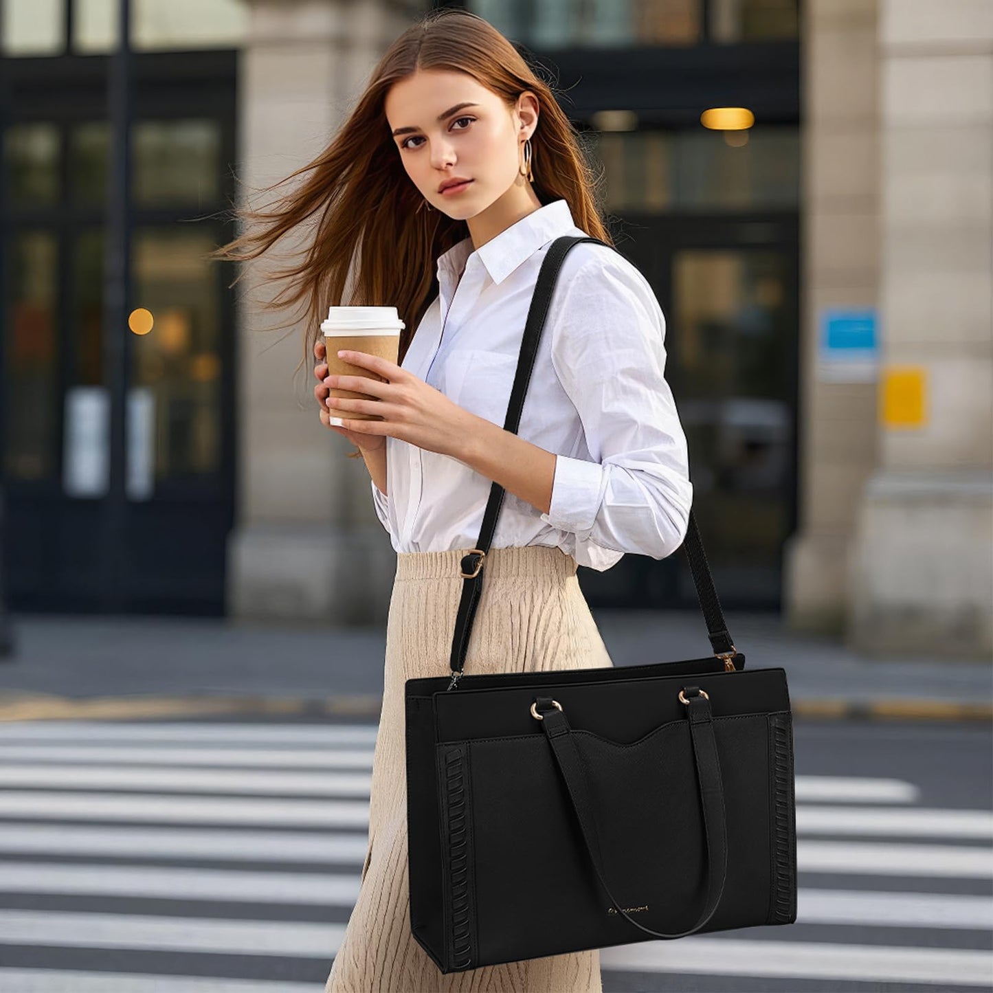 RAINSMORE Laptop Bag for Women 15.6 Inch Work Tote Bag for Women with Detachable Strap & Bow Leather Professional Laptop Tote with Cup Holder, Office Business Briefcase Large Handbag,All Black