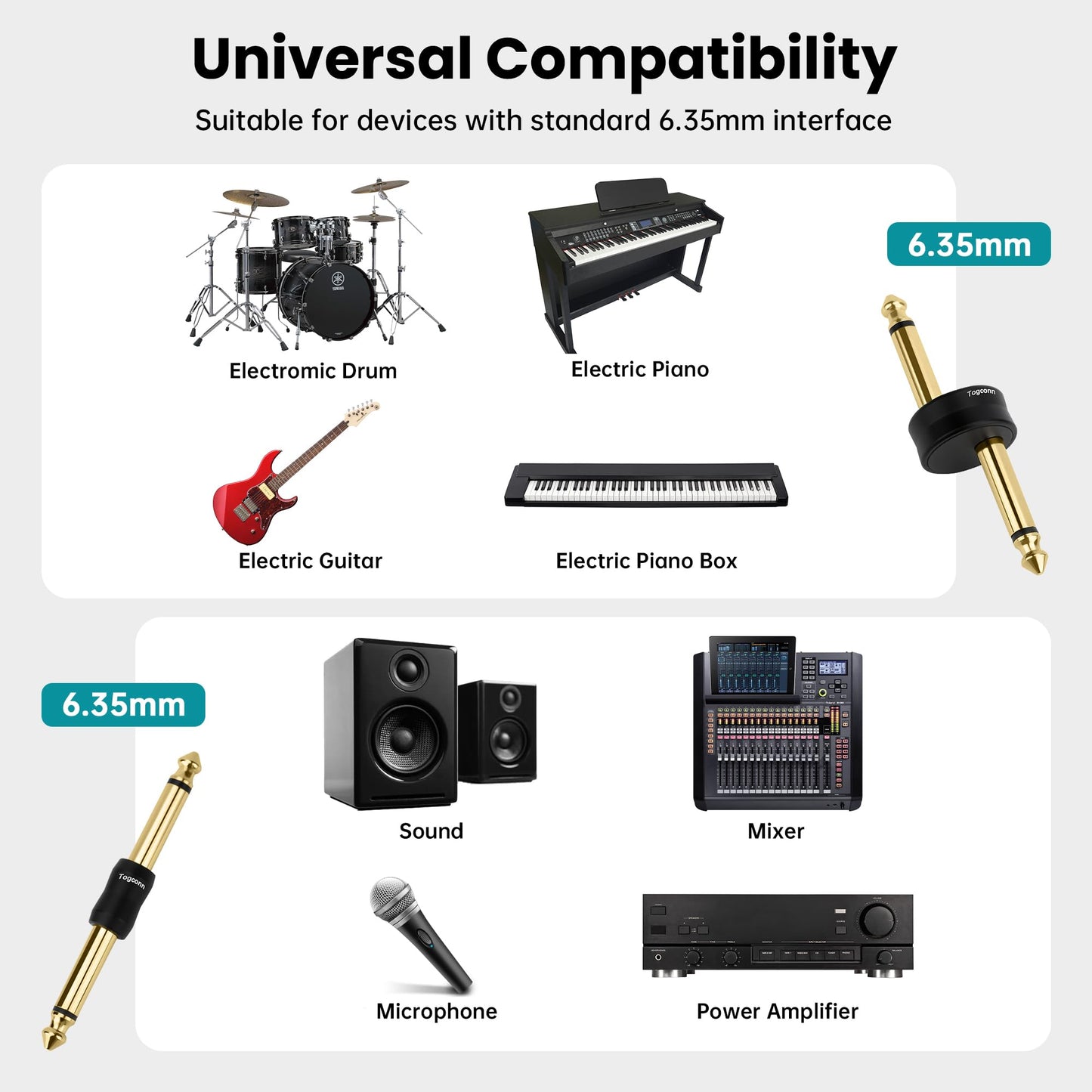 Togconn Gold-Plated Guitar Pedal Effects Patch Connector Coupler 10 Pack,6.35mm to 6.35mm Adapter, Angle 1/4 Quarter Inch TS Mono Male to Male Jack Plug, Audio Converter Premium Quality Series