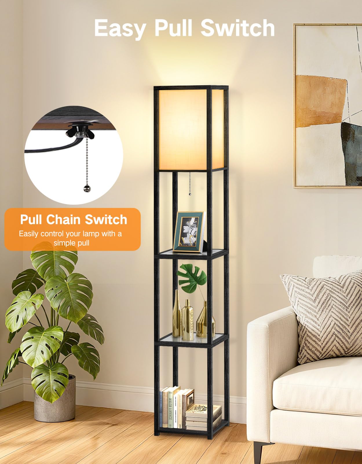 OUTON Floor Lamp with Glass Shelves, 12W LED Bulb, Large Storage Display Wood Shelf Lamp 3 Color Temperature, LED Tall Standing Modern Bookshelf Lamps for Living Room, Bedroom, Office, Black