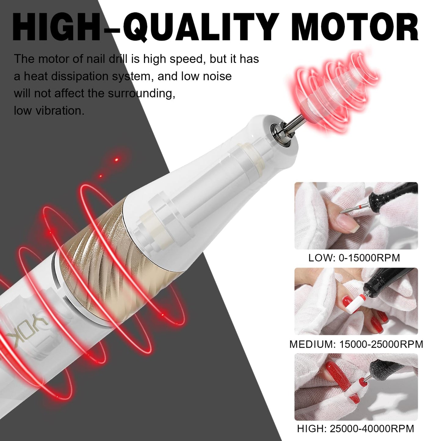 YOKE FELLOW Electric Nail File - 40000 RPM Rechargeable Nail Drill Machine Nail File with 12 Nail Drill Bits for Manicure Pedicure Acrylic Polishing Tools Kit for Salon Home Use