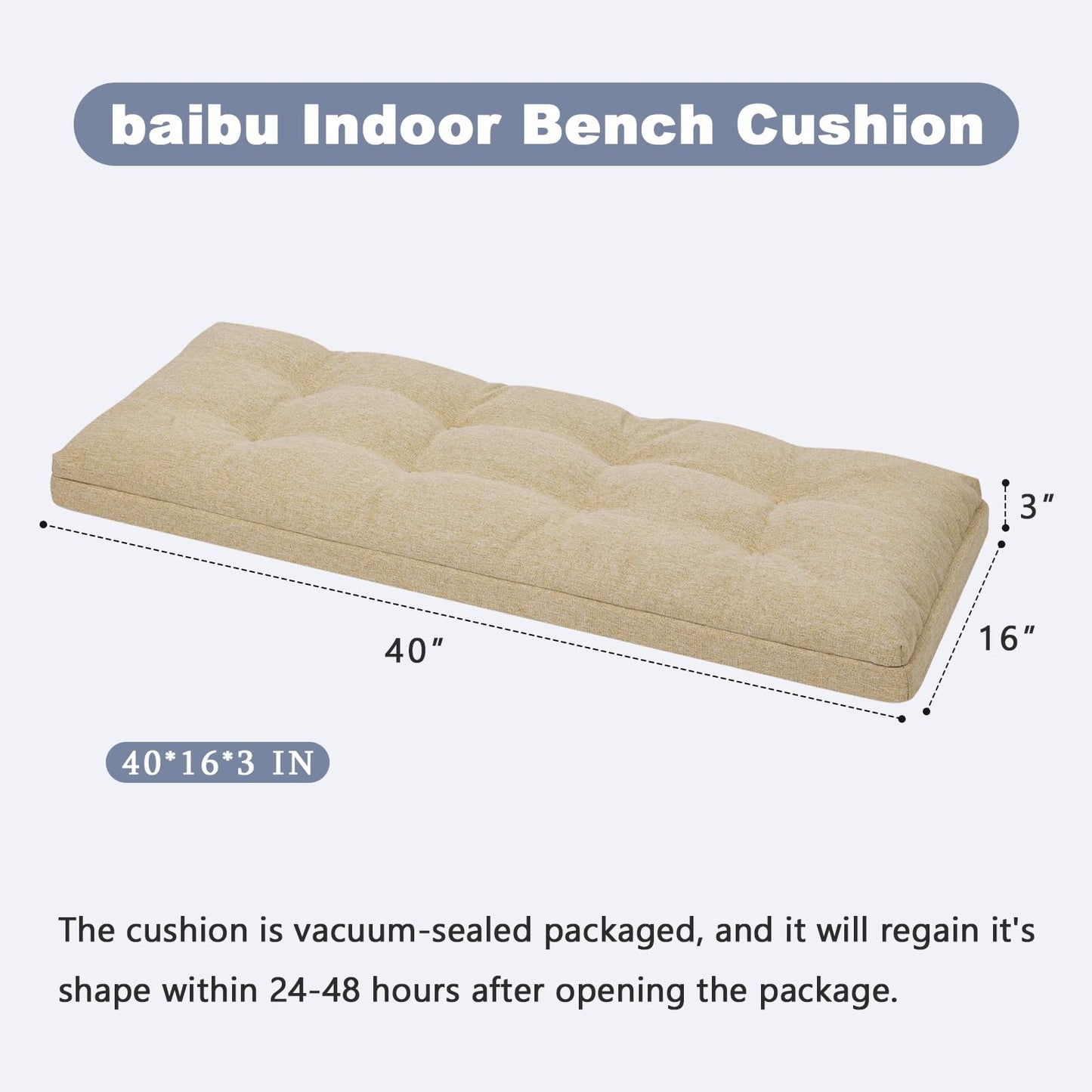 baibu 40 Inch Dual-Layer Patent Design Memory Foam Bench Cushion, Non-Slip Indoor Rectangle Bench Seat Cushion Standard Size Foam Pad with Machine Washable Cover (Beige, 40x16x3in)