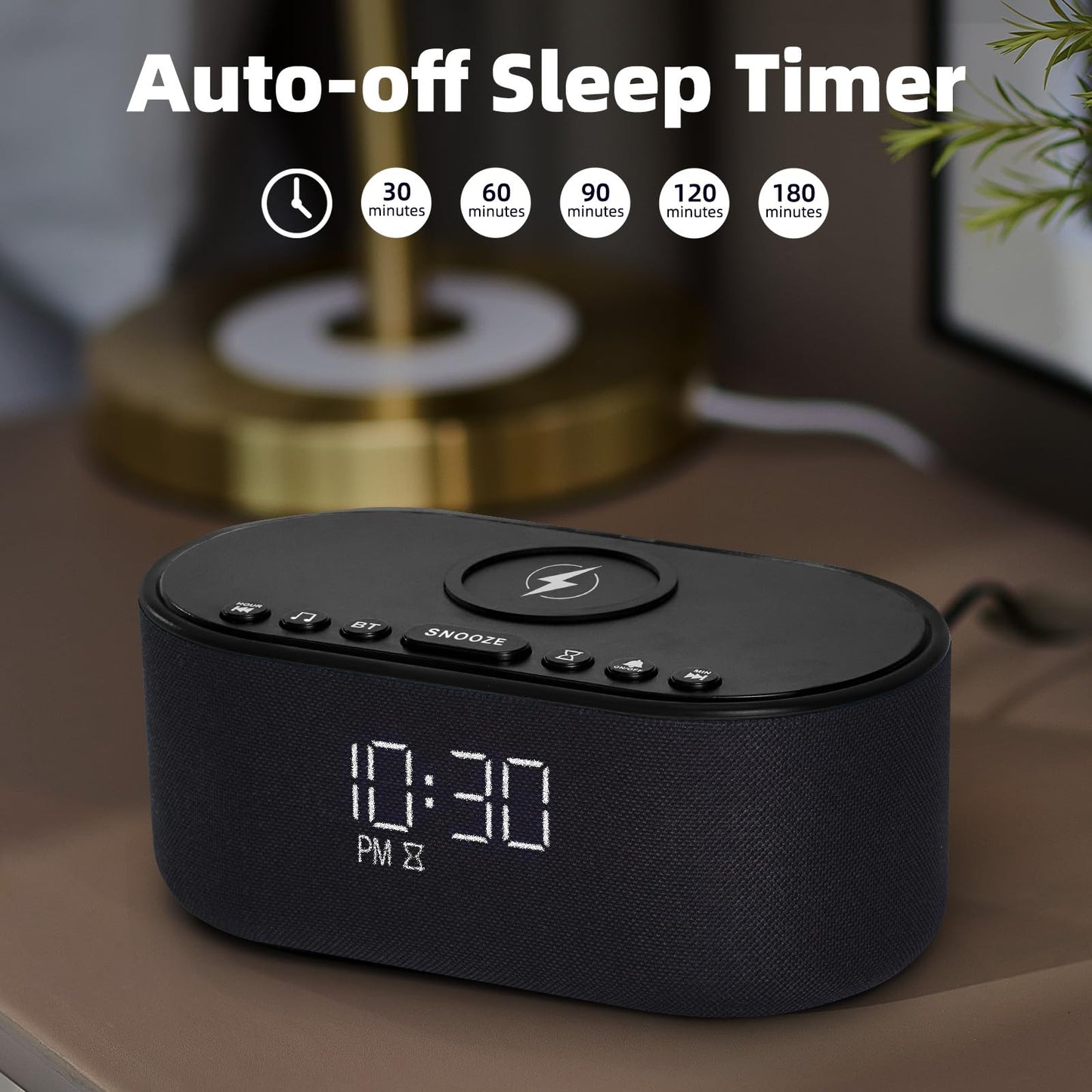 Odokee Sound Machine Alarm Clock for Bedrooms: Bluetooth 10W Stereo Sound Speaker with Wireless Charging - White Noise Machine for Sleeping with 21 Soothing Sounds - Black