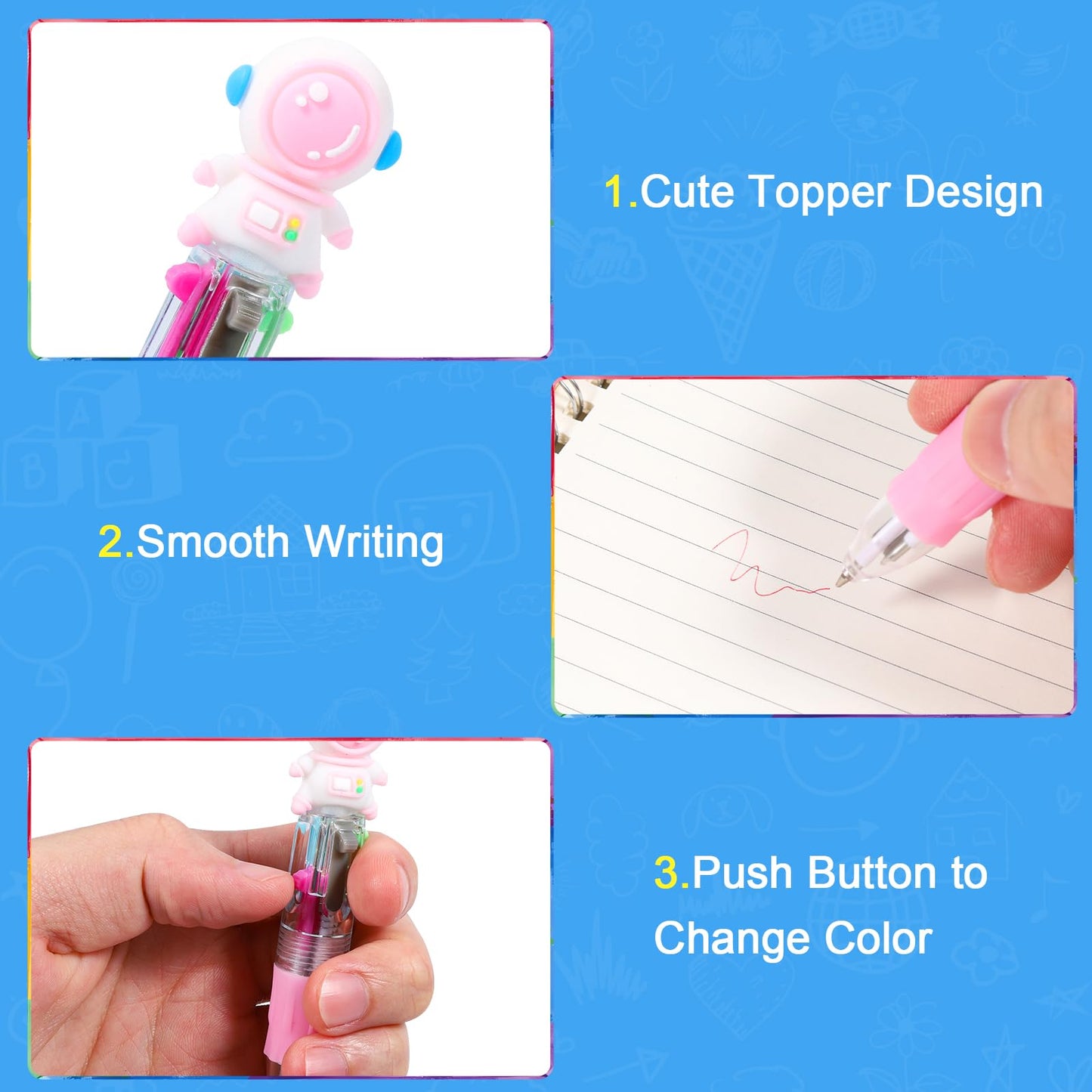 JOLLYFUN 60PCS Mini 4-in-1 Multicolor Retractable Ballpoint Pens - Cute Cartoon Pen Set with Blue Red Black Green Ink - School Supplies, Classroom Prizes, Kids Party Favors, Year End Gifts